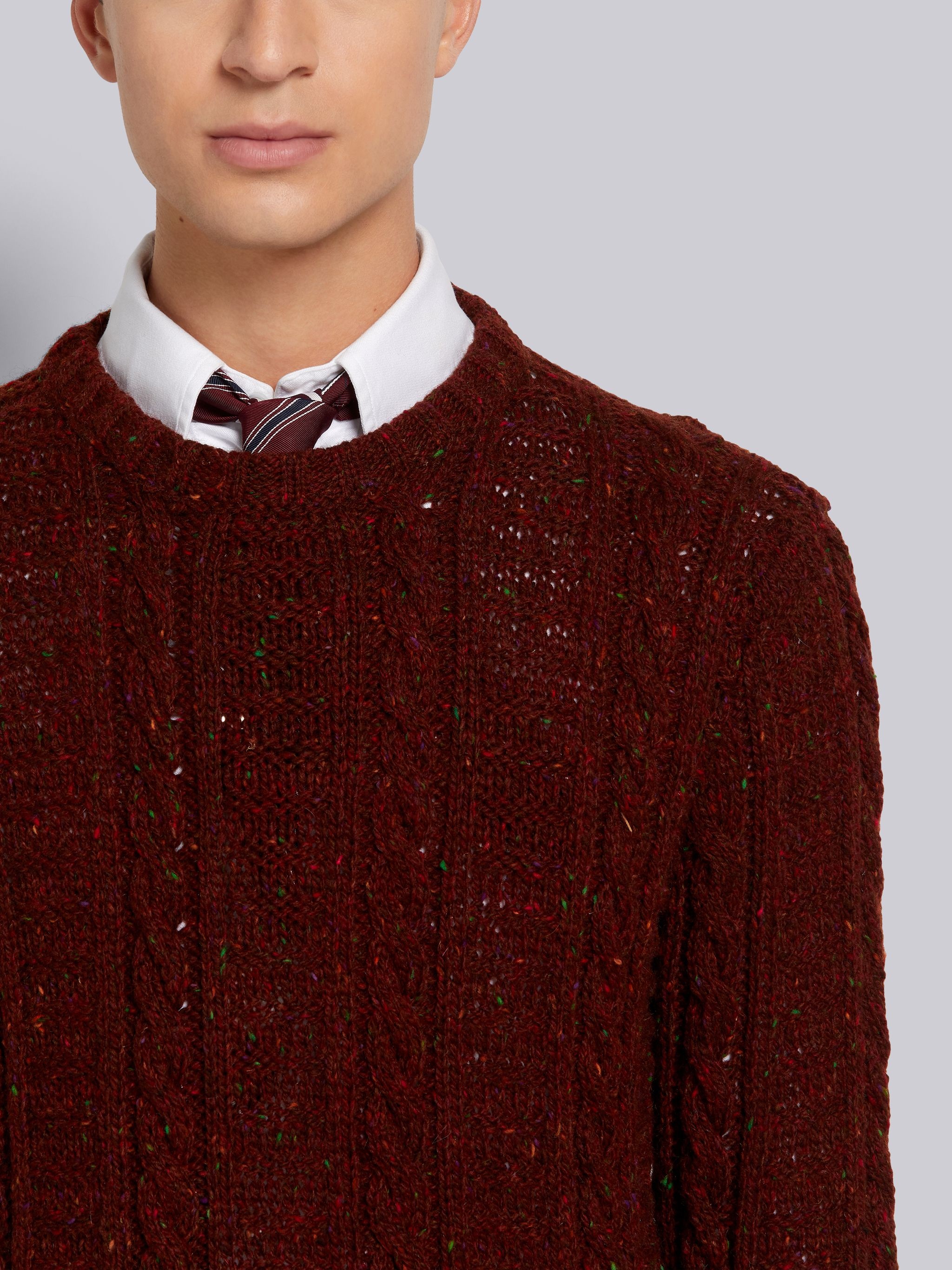 Dark Red Donegal Tweed Filey Stitch Stripe Detail Classic Crew Neck Pullover - 5