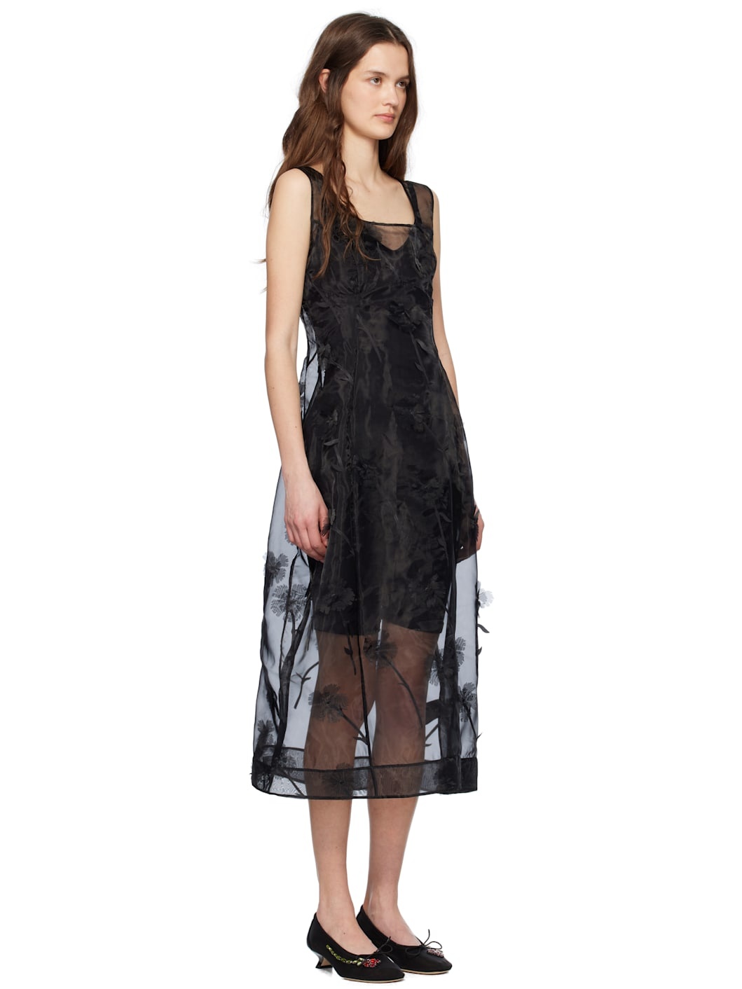 Black Sculpted Carnation Organza Midi Dress - 2