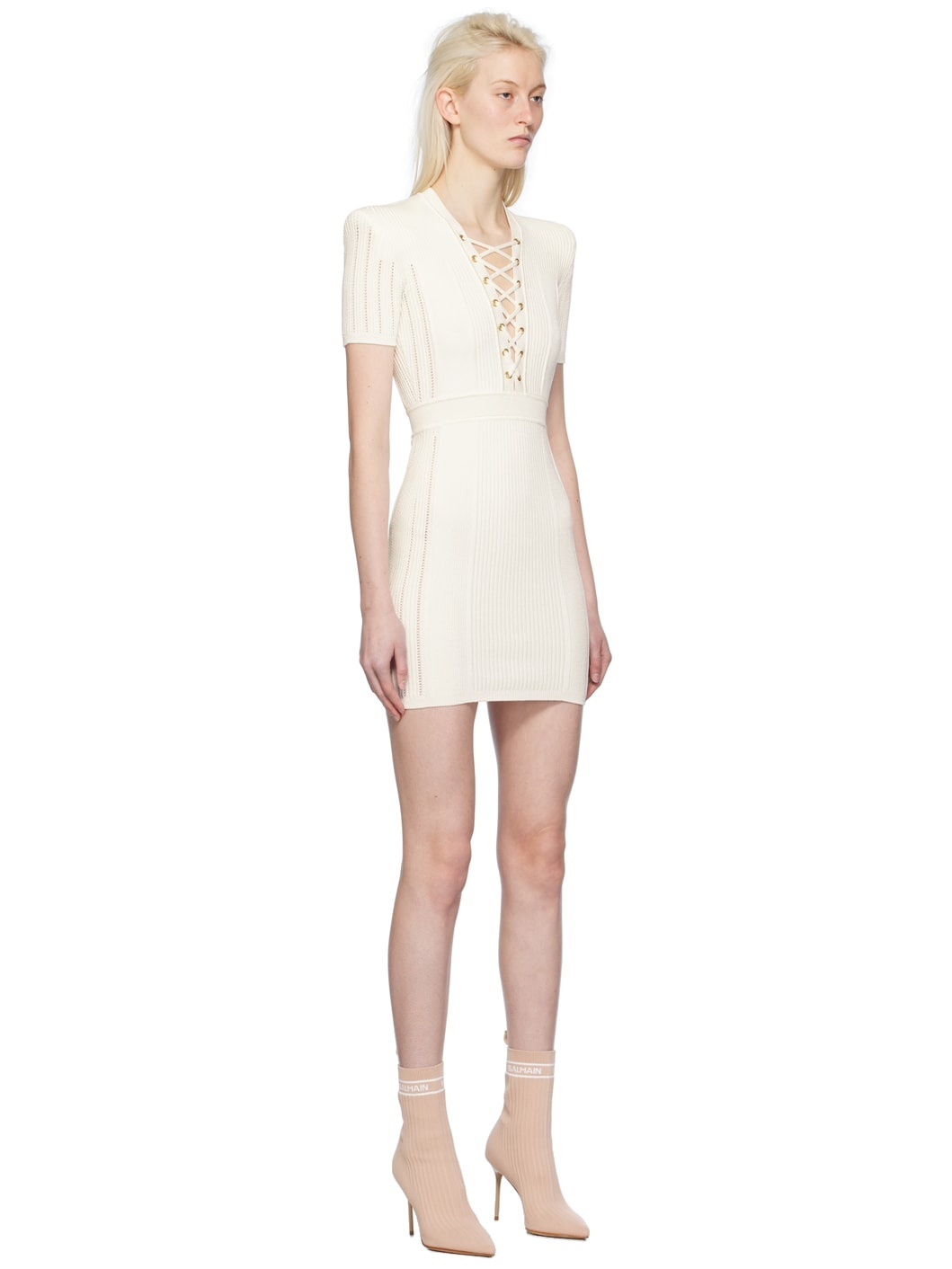 White Laced V-Neck Minidress - 2