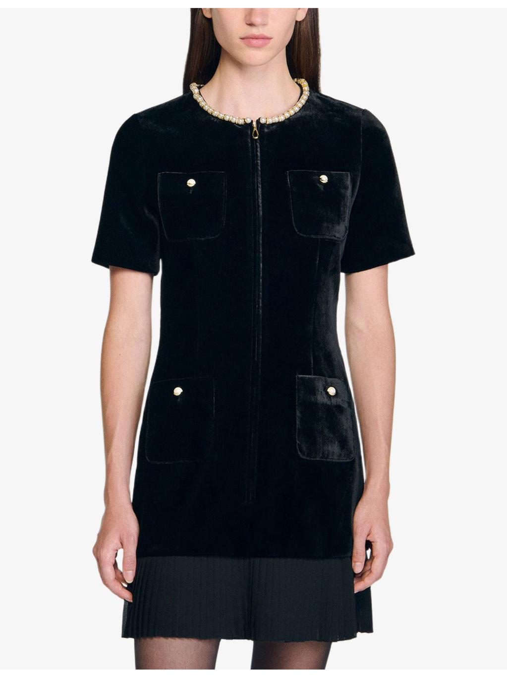 Pearl-Embellished Pleated-Hem Velvet Mini Dress - 3