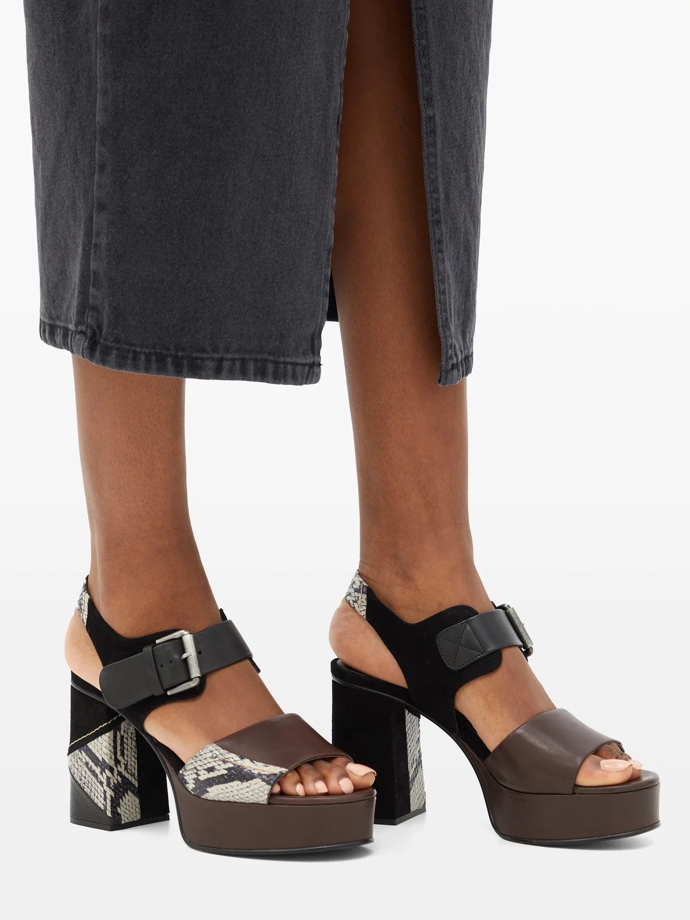 Panelled leather and suede platform sandals - 3