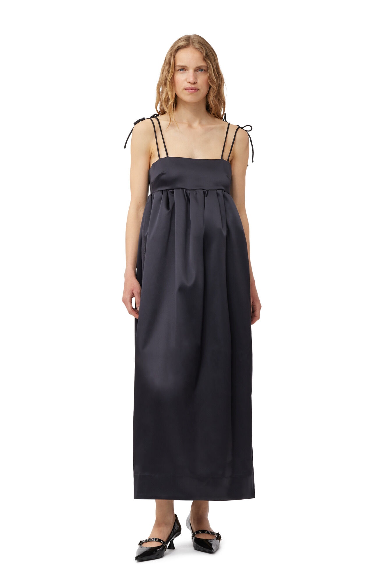 BLACK DOUBLE SATIN STRING LONG DRESS - 2