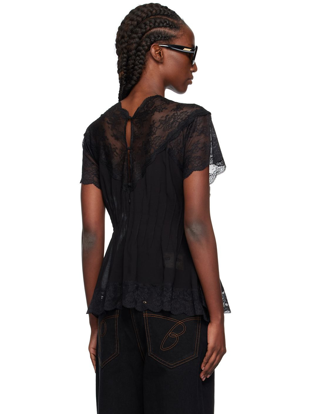 Black Lace Trim Darted Top - 3