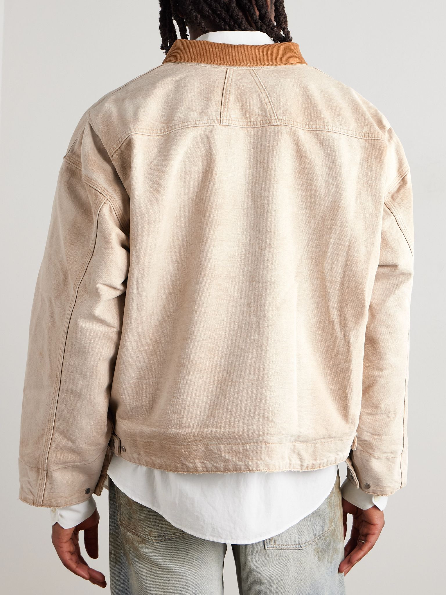 Corduroy-Trimmed Logo-Print Distressed Cotton-Canvas Bomber Jacket Beige - 4