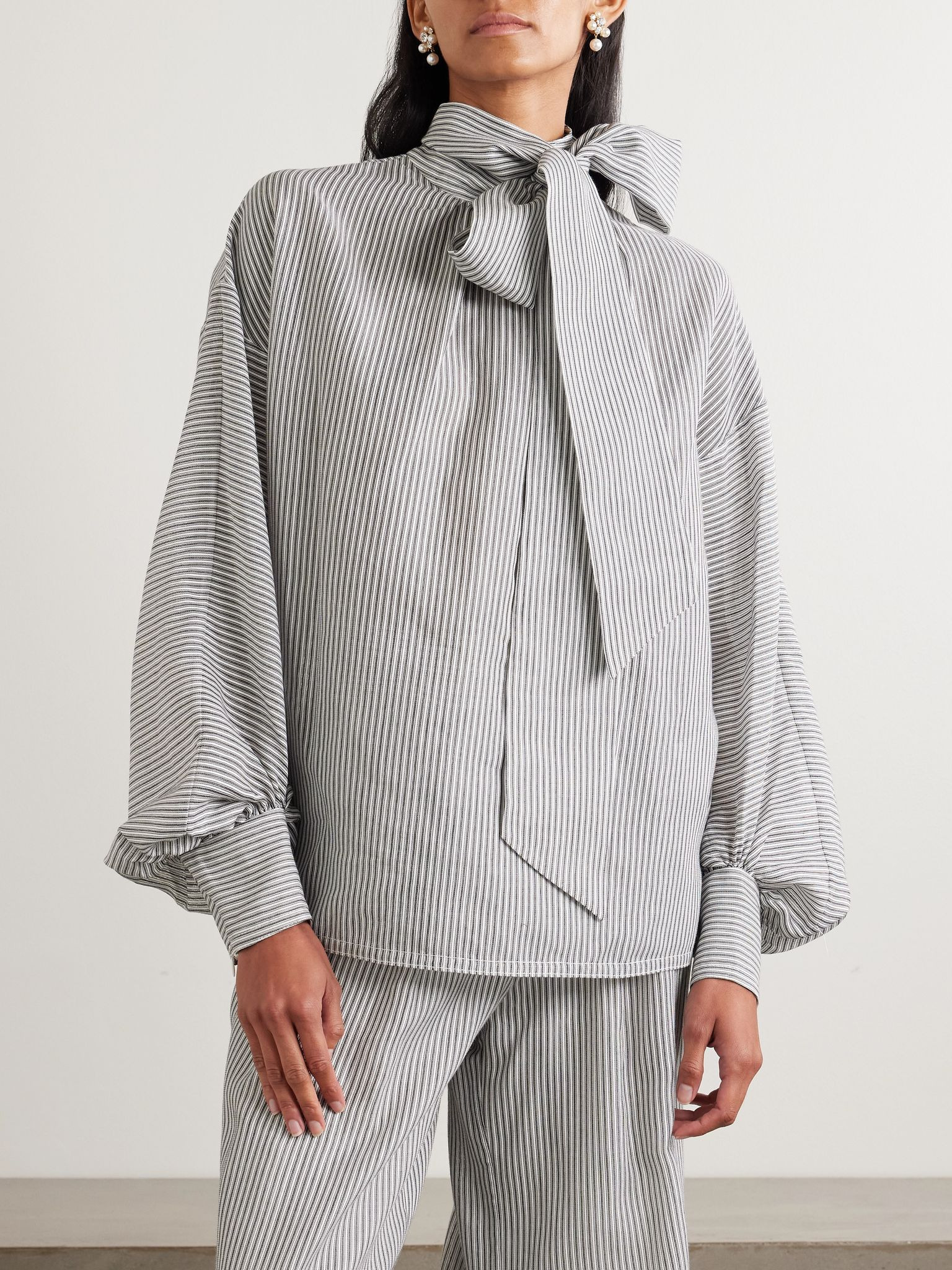 Pussy-bow striped cotton and silk-blend blouse Ivory - 3