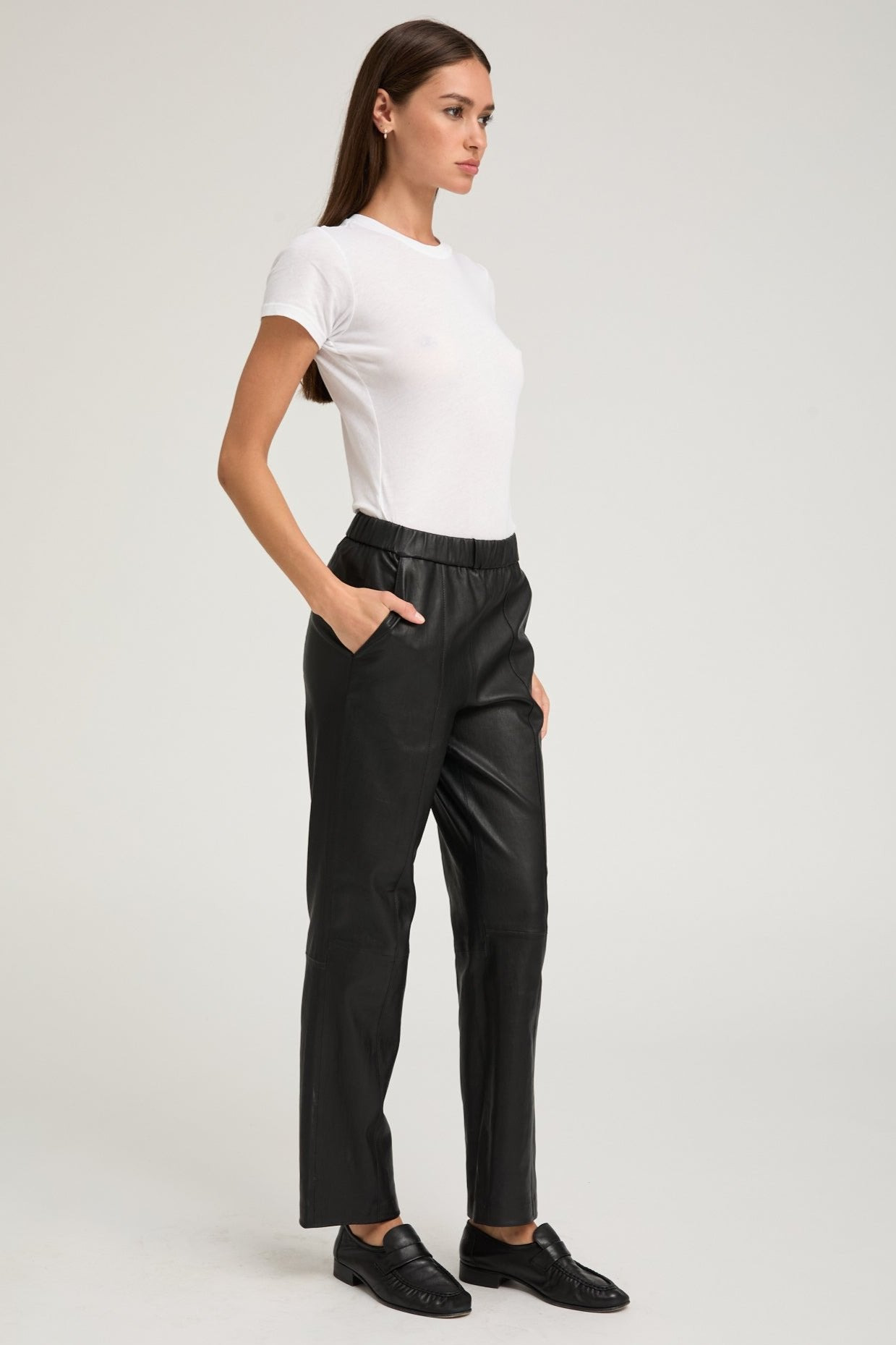 BLACK LEATHER SOPHIA PINTUCK JOGGERS - 7