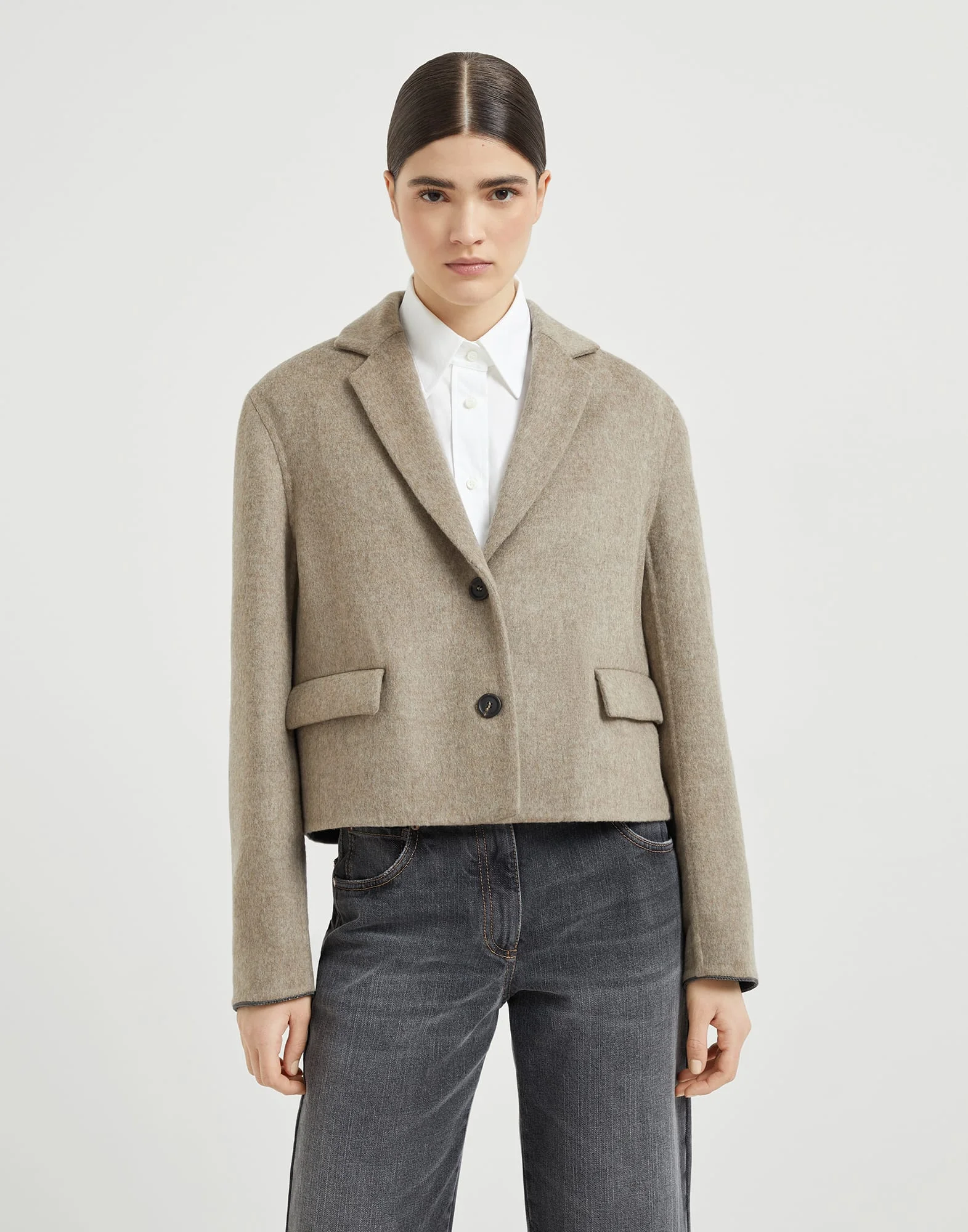 Hand-crafted virgin wool double cloth cropped blazer with shiny cuffs - 1