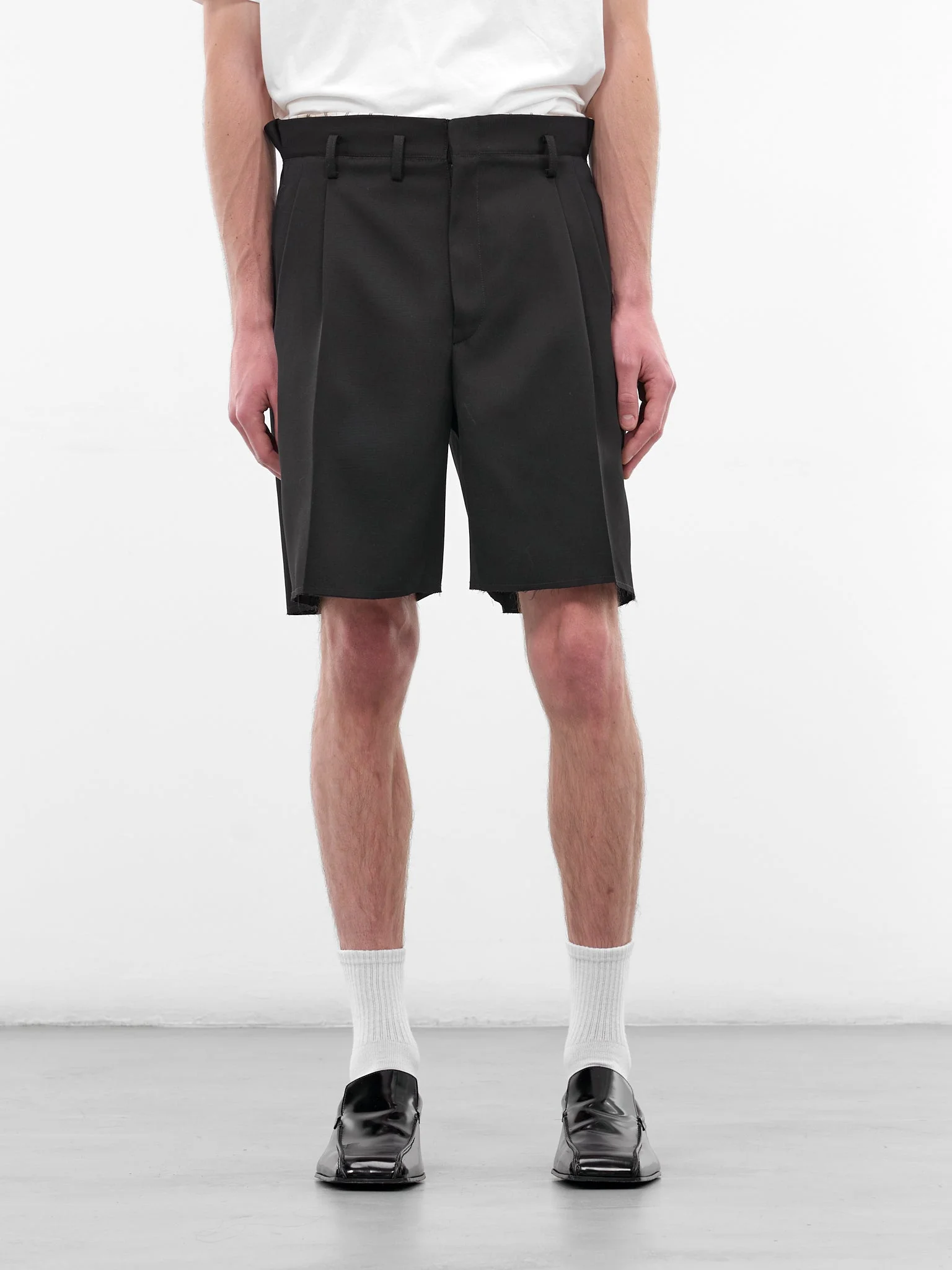 Black Unfinished Hems Wool Shorts - 1