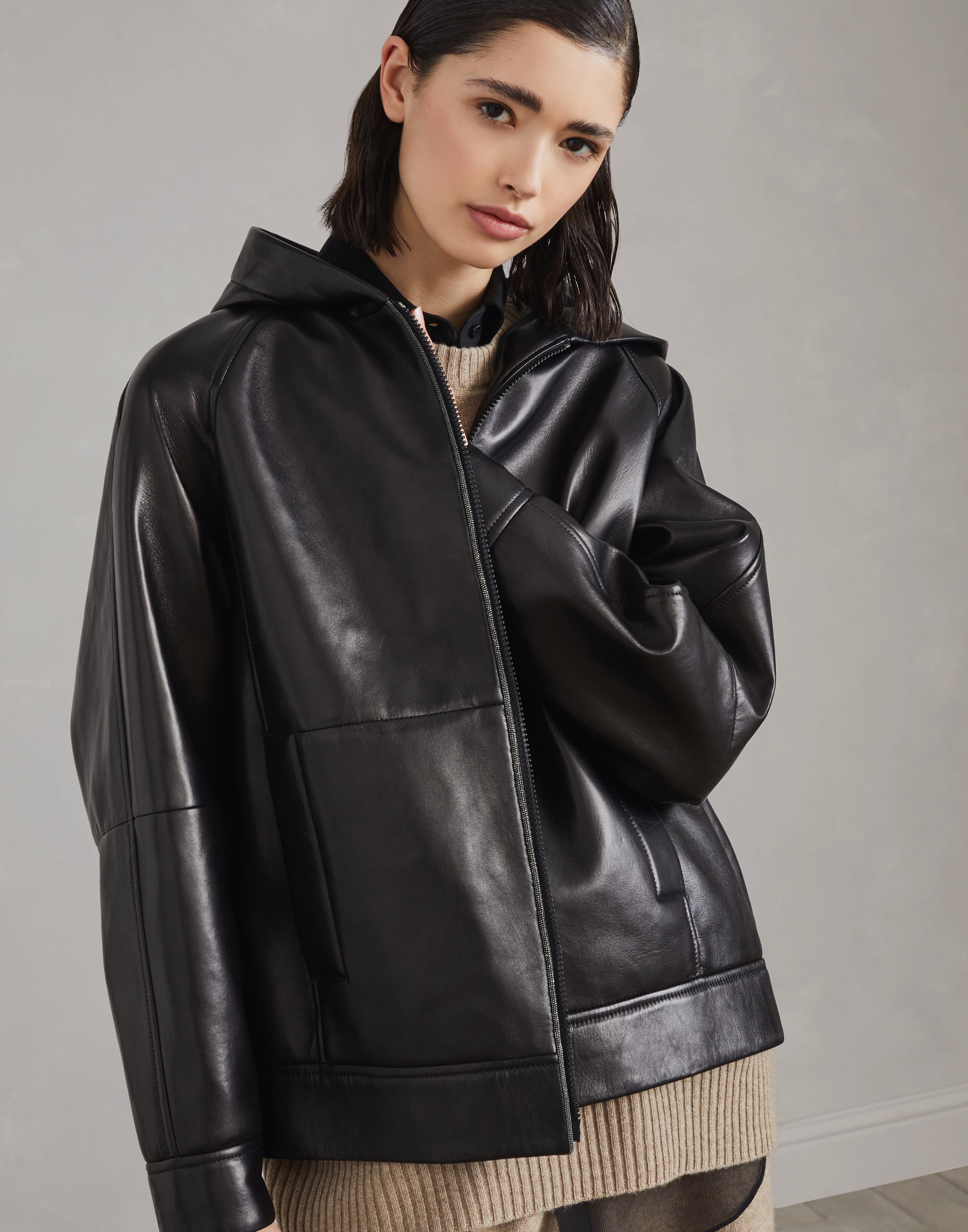 Nappa leather hooded outerwear jacket with shiny trims - 4
