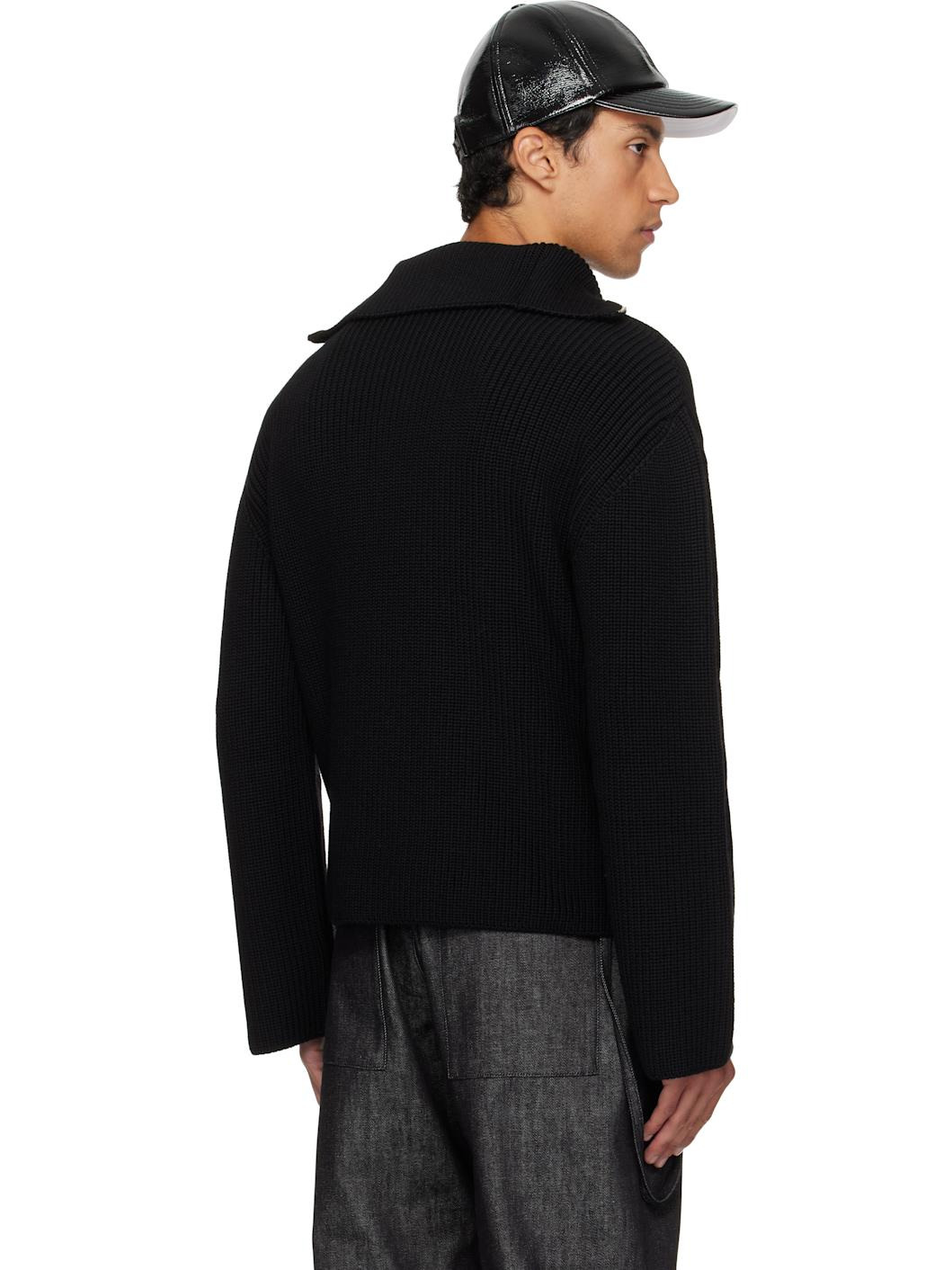 Black Ribbed Wool Trucker Sweater - 3