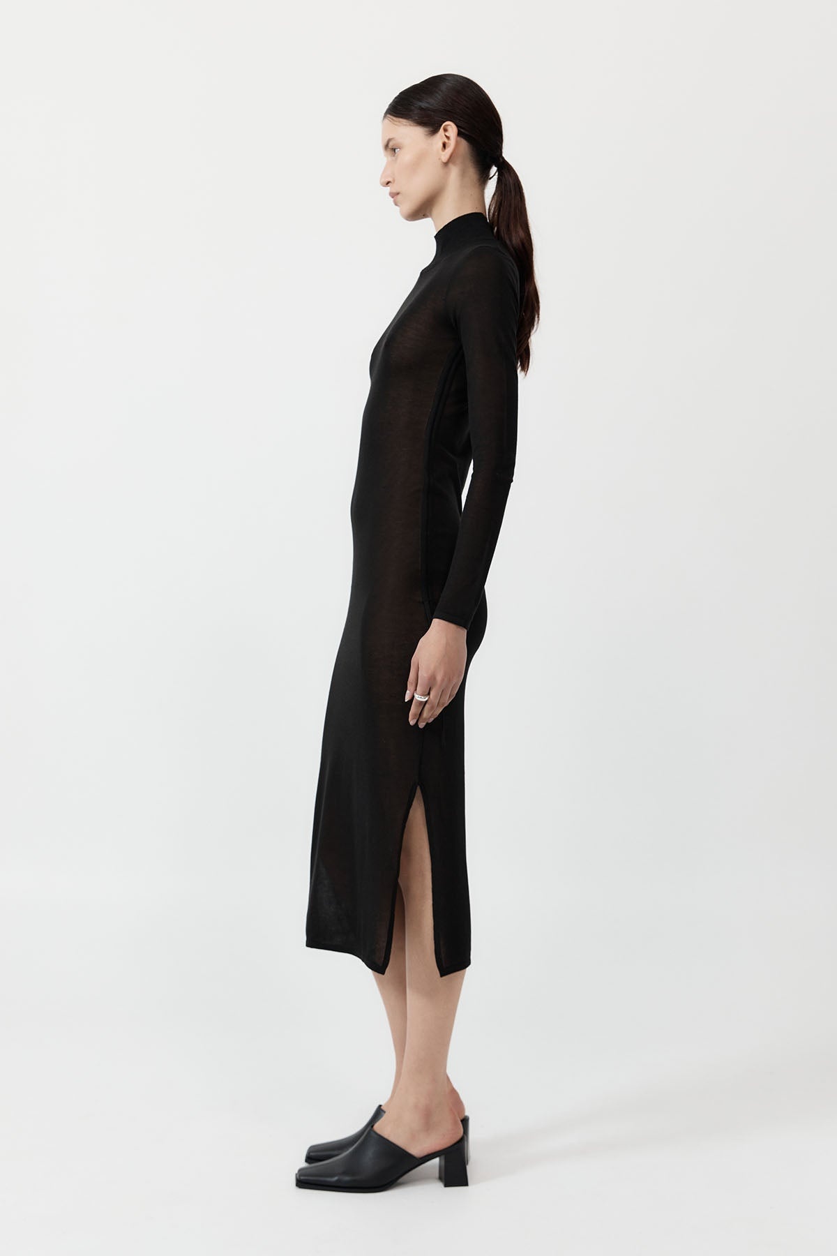 Sheer Ruched Dress - Black - 3