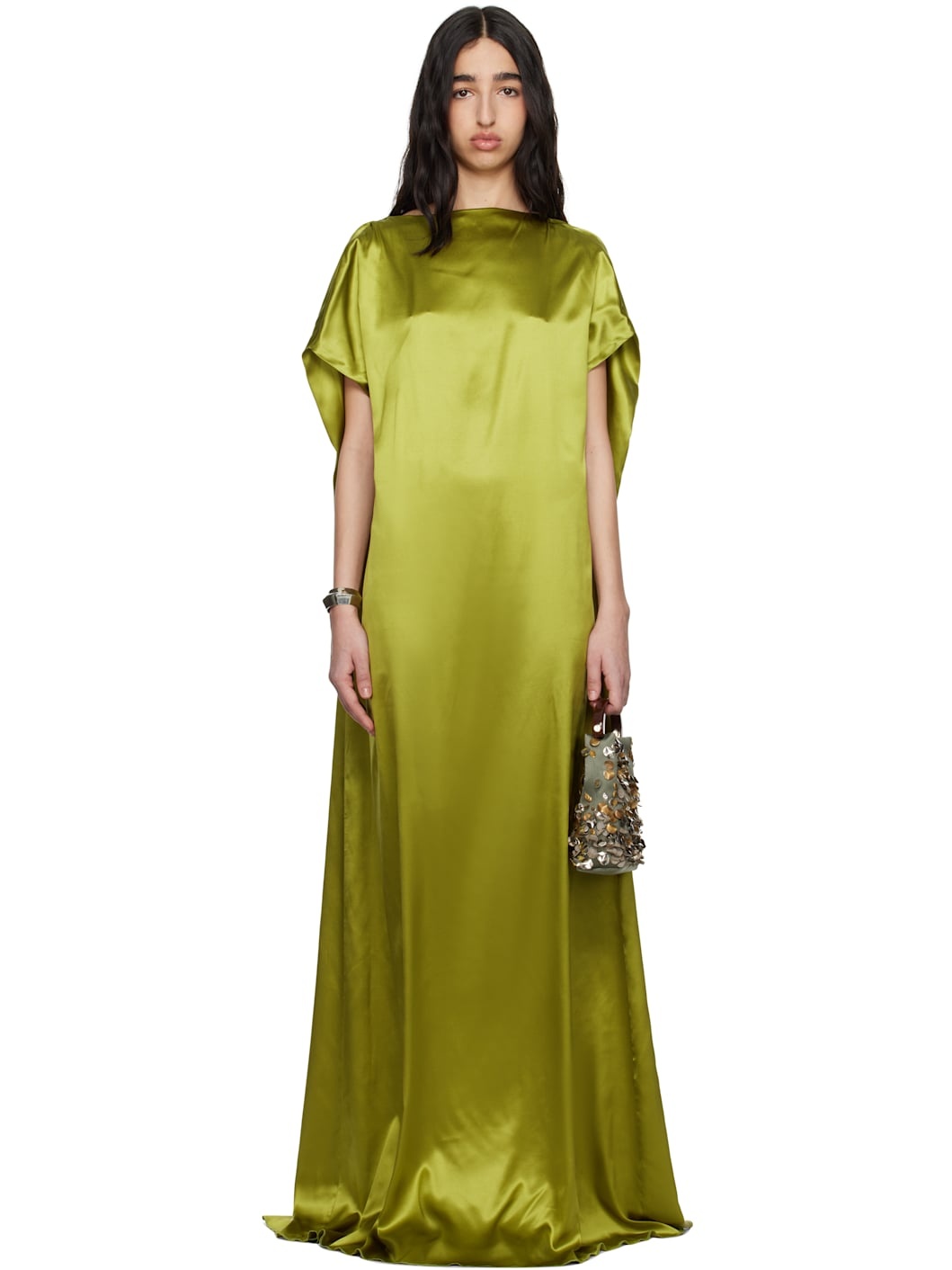 Green Silk Floor Length Maxi Dress - 1