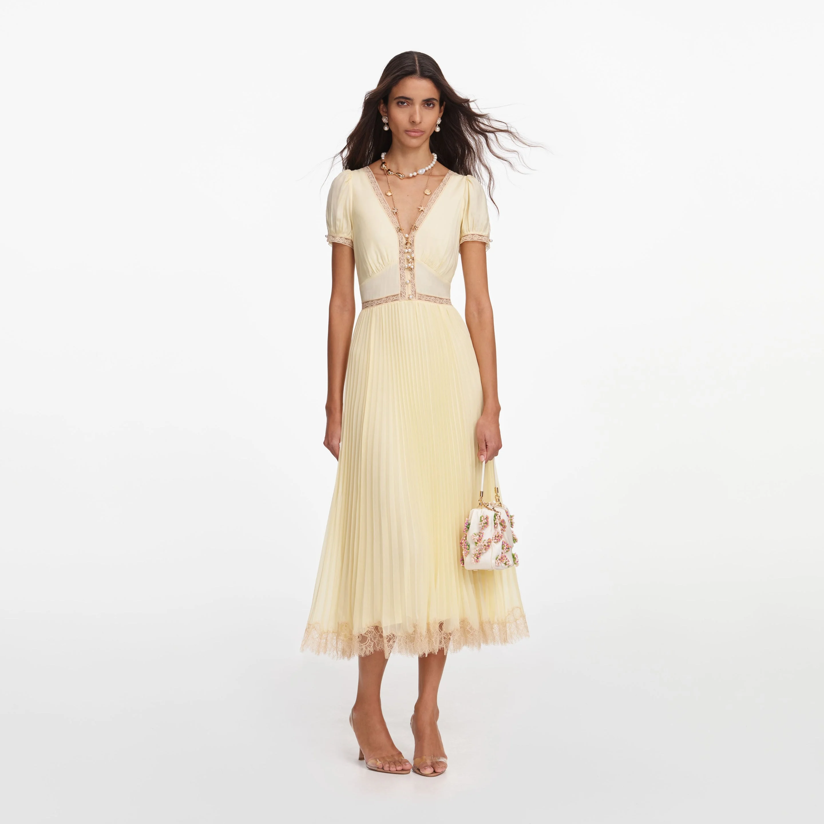 Yellow Viscose Pleated Lace Midi Dress - 1