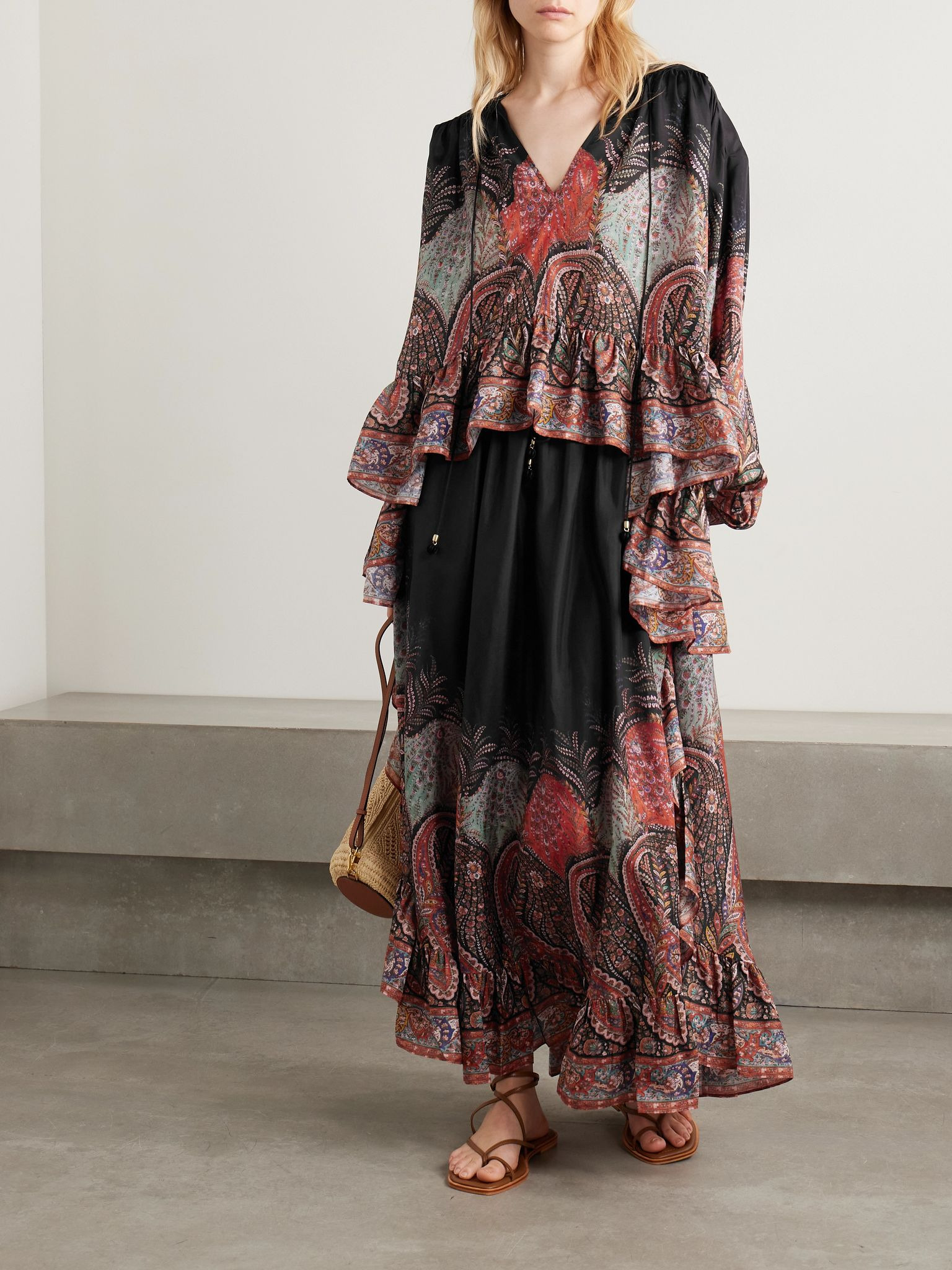 Rhiannon ruffled paisley-print organic silk maxi skirt Black - 2
