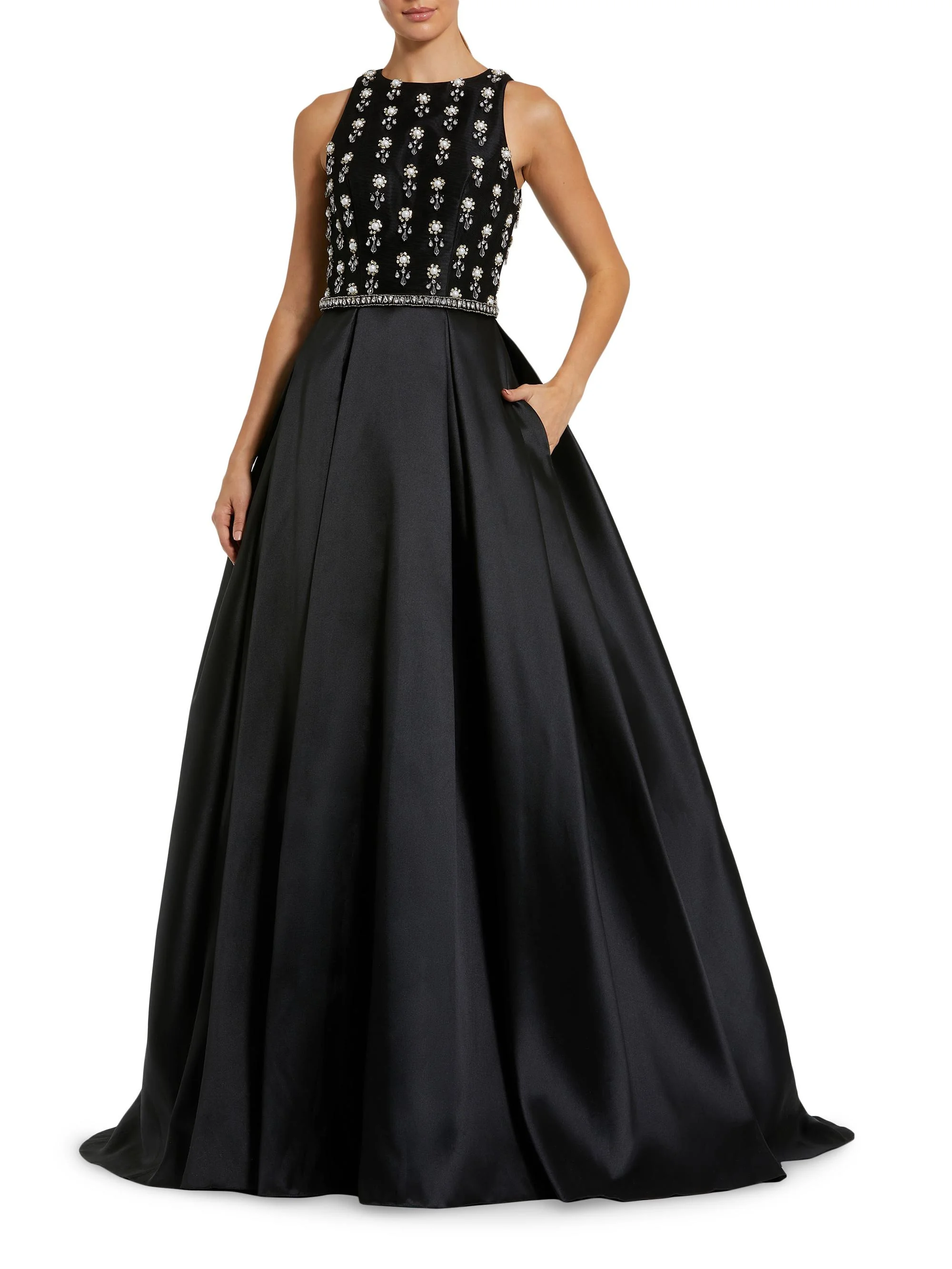 Women's Floral Beaded Satin Ballgown - Black - 1