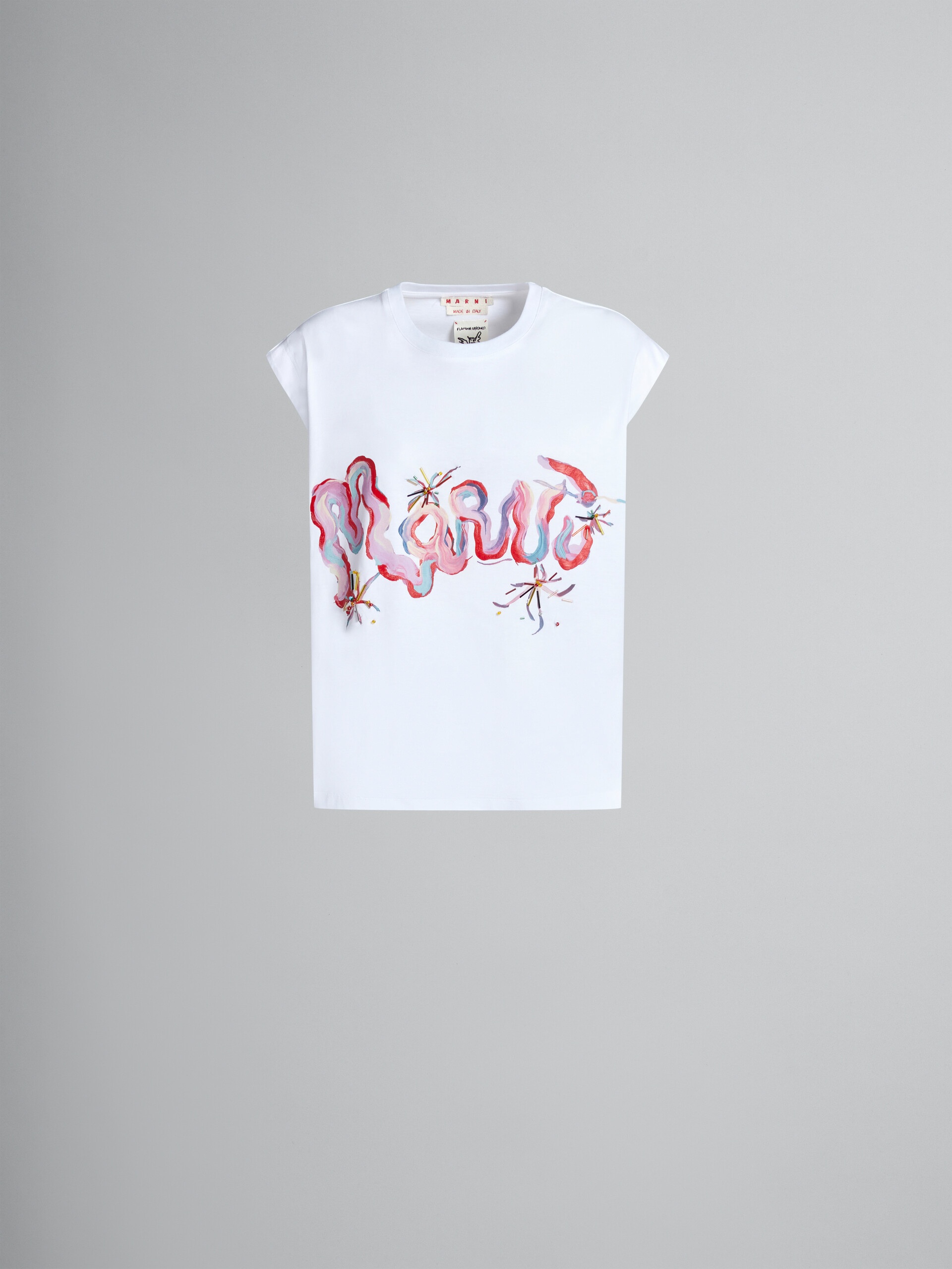 WHITE SLEEVELESS JERSEY T-SHIRT WITH MARNI WHIRL PRINT - 1