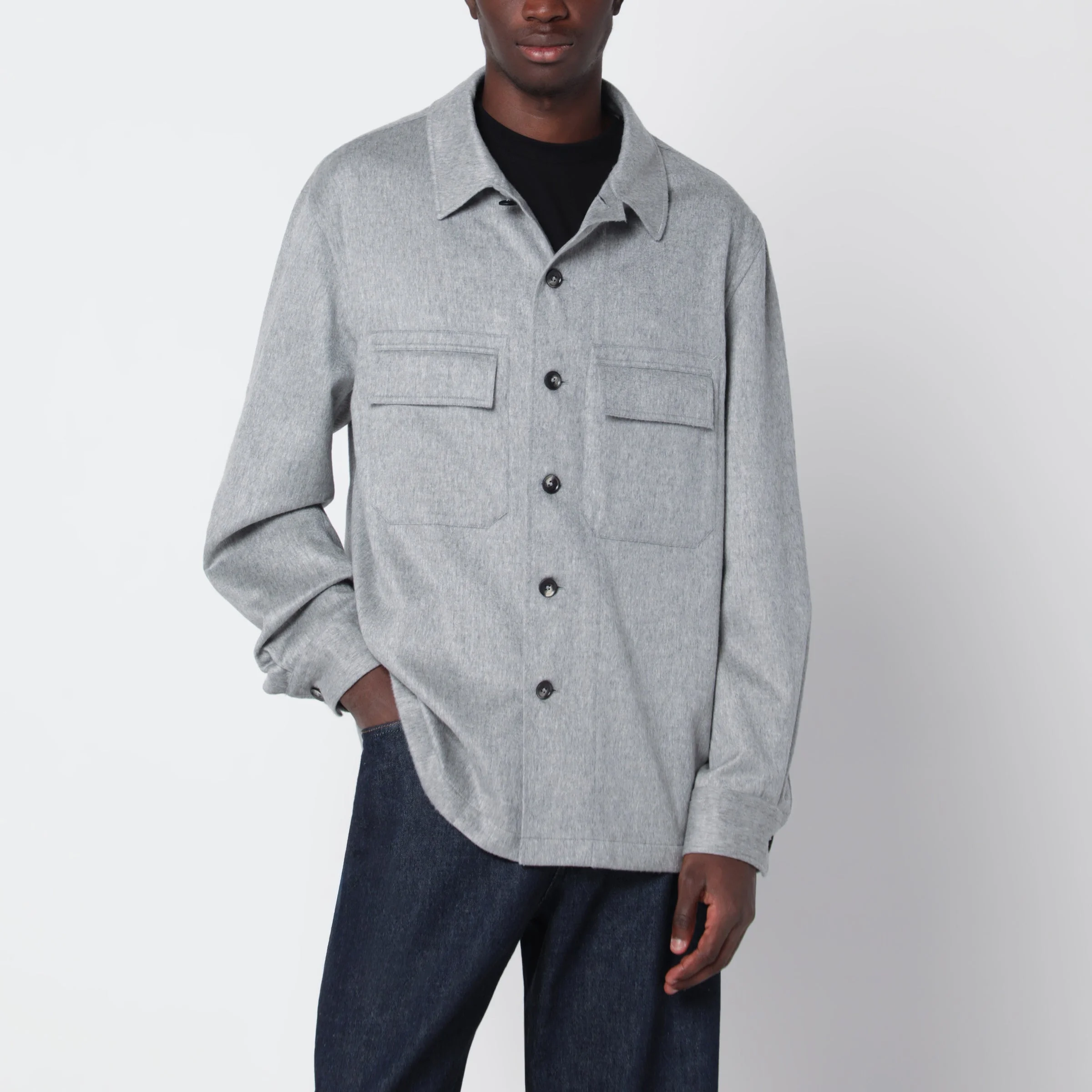 Grey mélange cashmere shirt jacket - 1