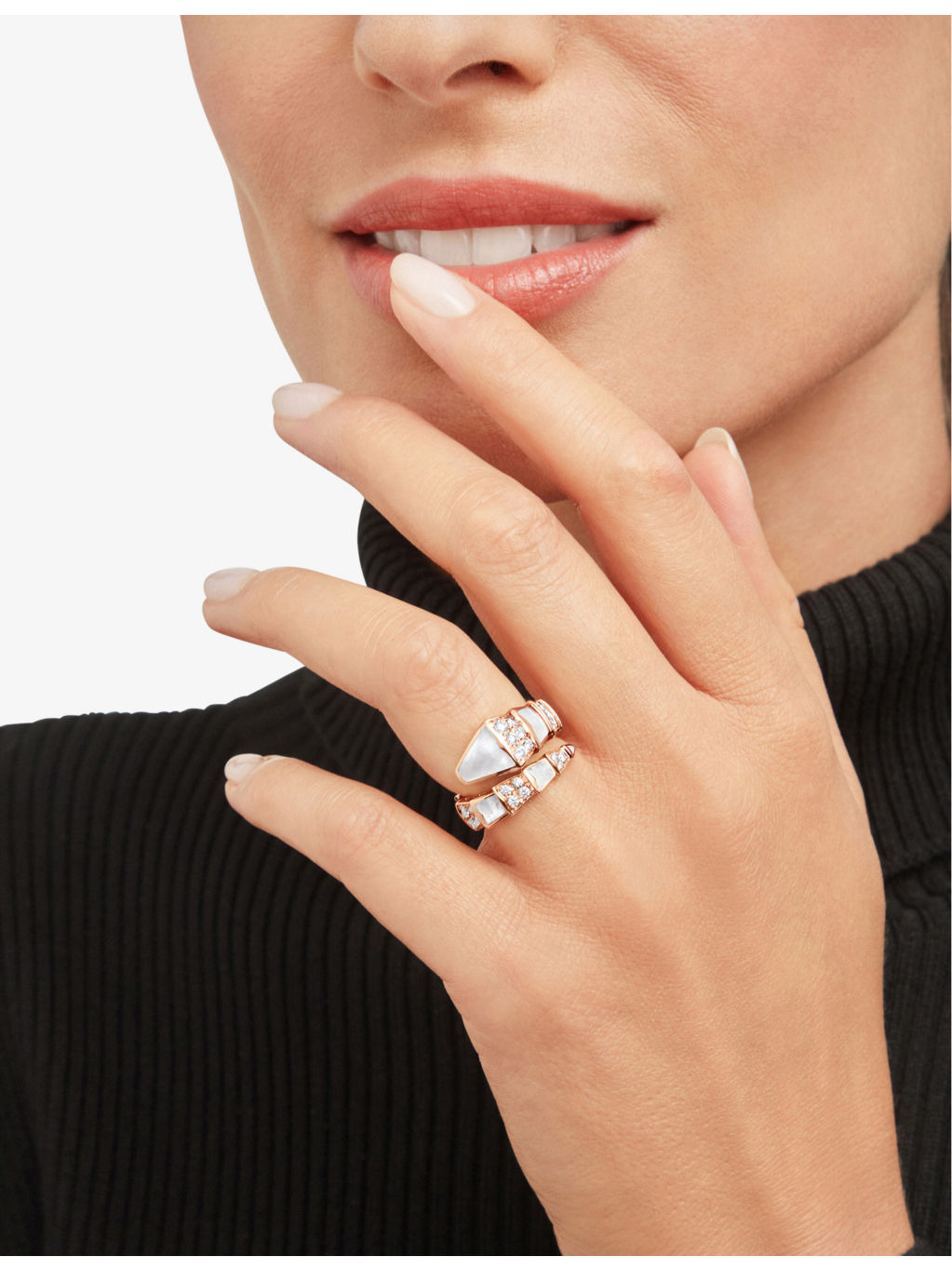 Serpenti Viper 18ct rose-gold, mother-of-pearl, 0.82ct round brilliant-cut diamond ring - 3