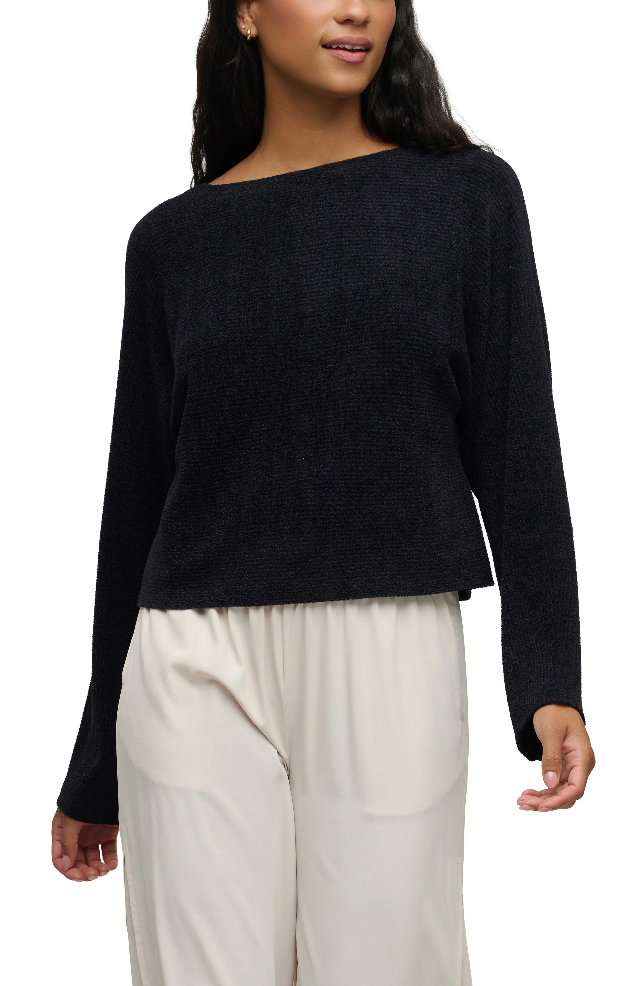 barefoot dreams CozyChic Ultra Lite® Rib Dolman Shirt in Black - 1