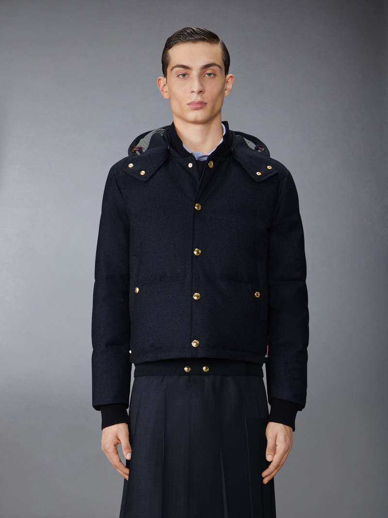Thom Browne DOWNFILL SNAP FRONT DETACHABLE HOOD BOMBER W/ TONAL GROSGRAIN IN WOOL FLANNEL outlook