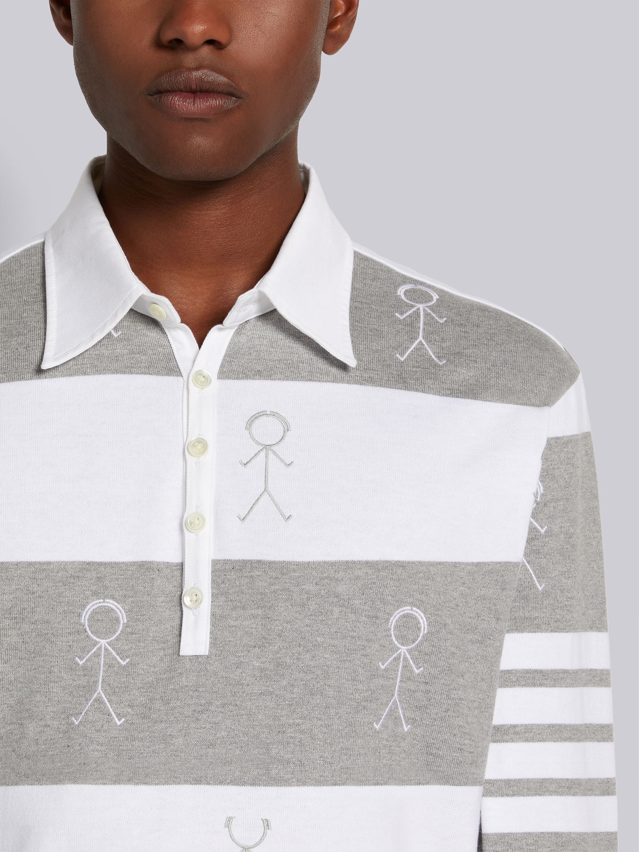 Pastel Grey Rugby Stripe Cotton 4-Bar Mr. Thom Embroidered Oversized Long Sleeve Polo - 5