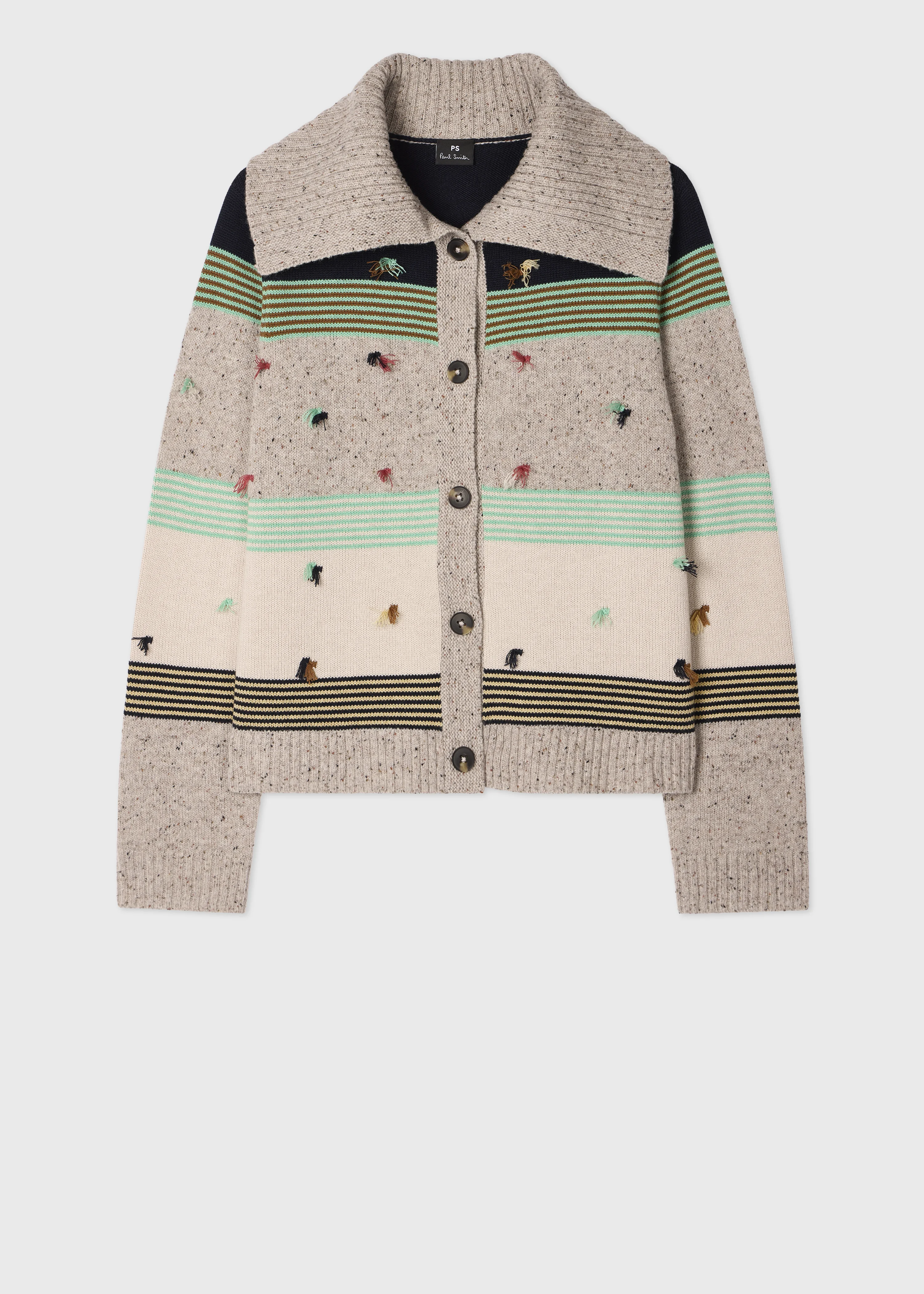 Women's Block Stripe Knit Cardigan with Tassels - 1