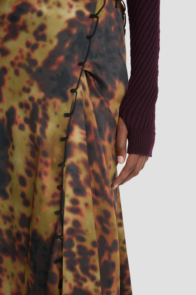Rouleau Detail Midi Skirt In Olive Brown Print 4