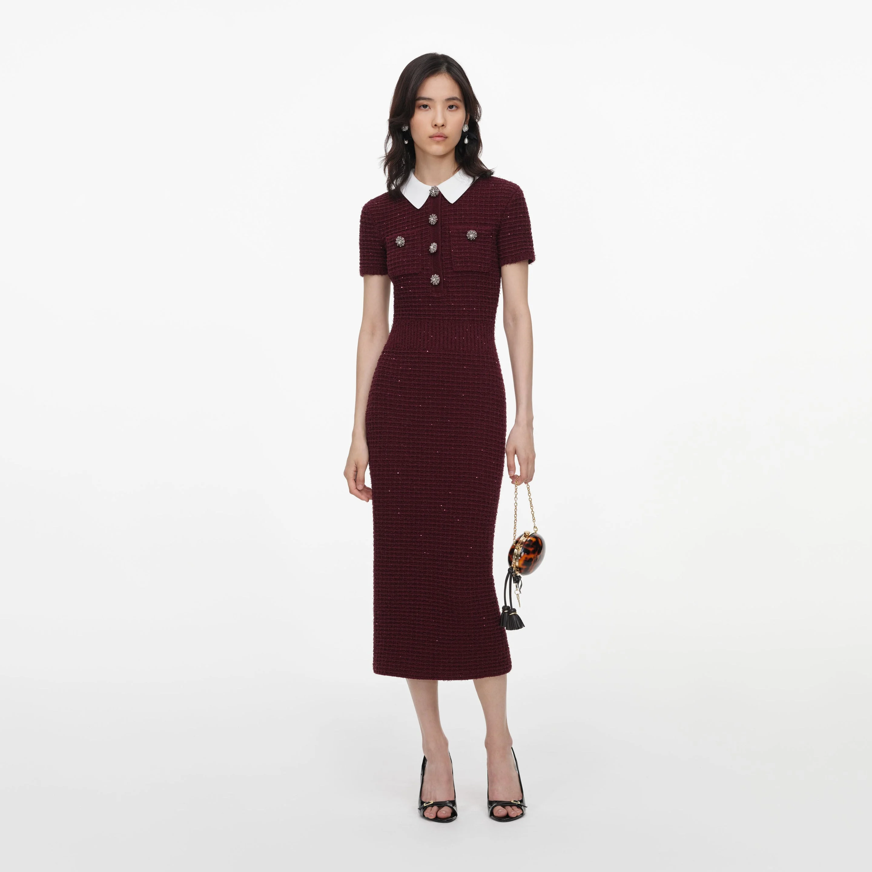 Burgundy Textured Knit Midi Dress - 1