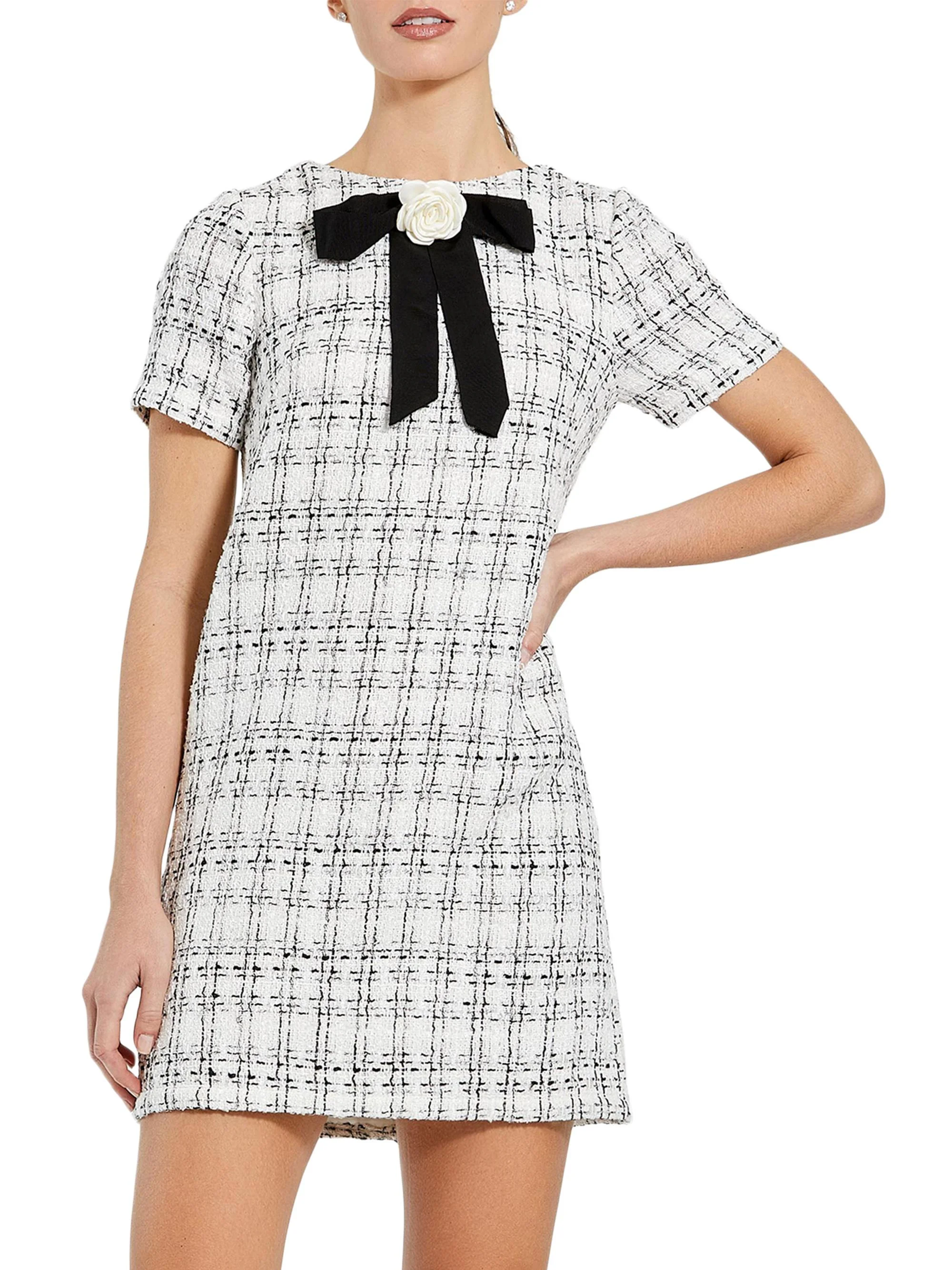 Women's Short Sleeve High Neck Bouclé Minidress With Bow - Ivory - 1