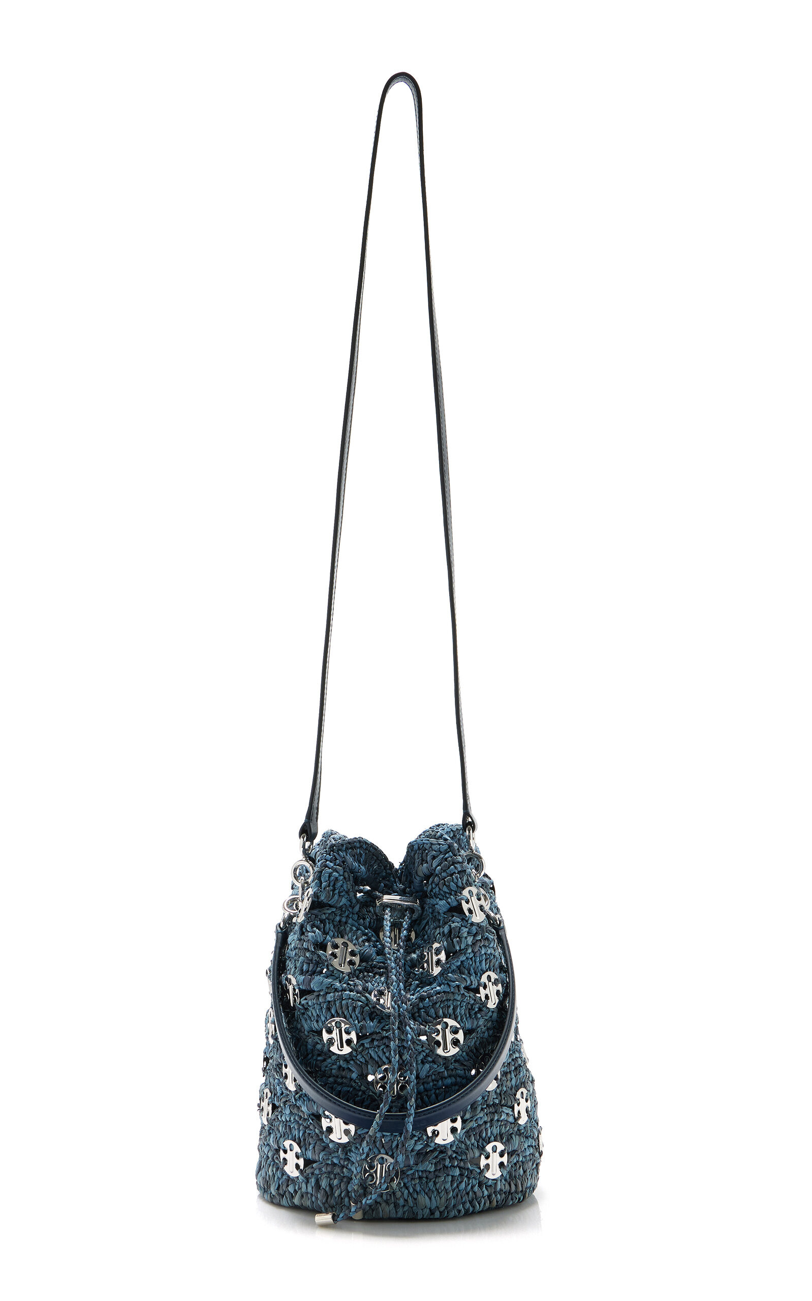 Hardware-Detailed Woven Raffia Bucket Bag blue - 3