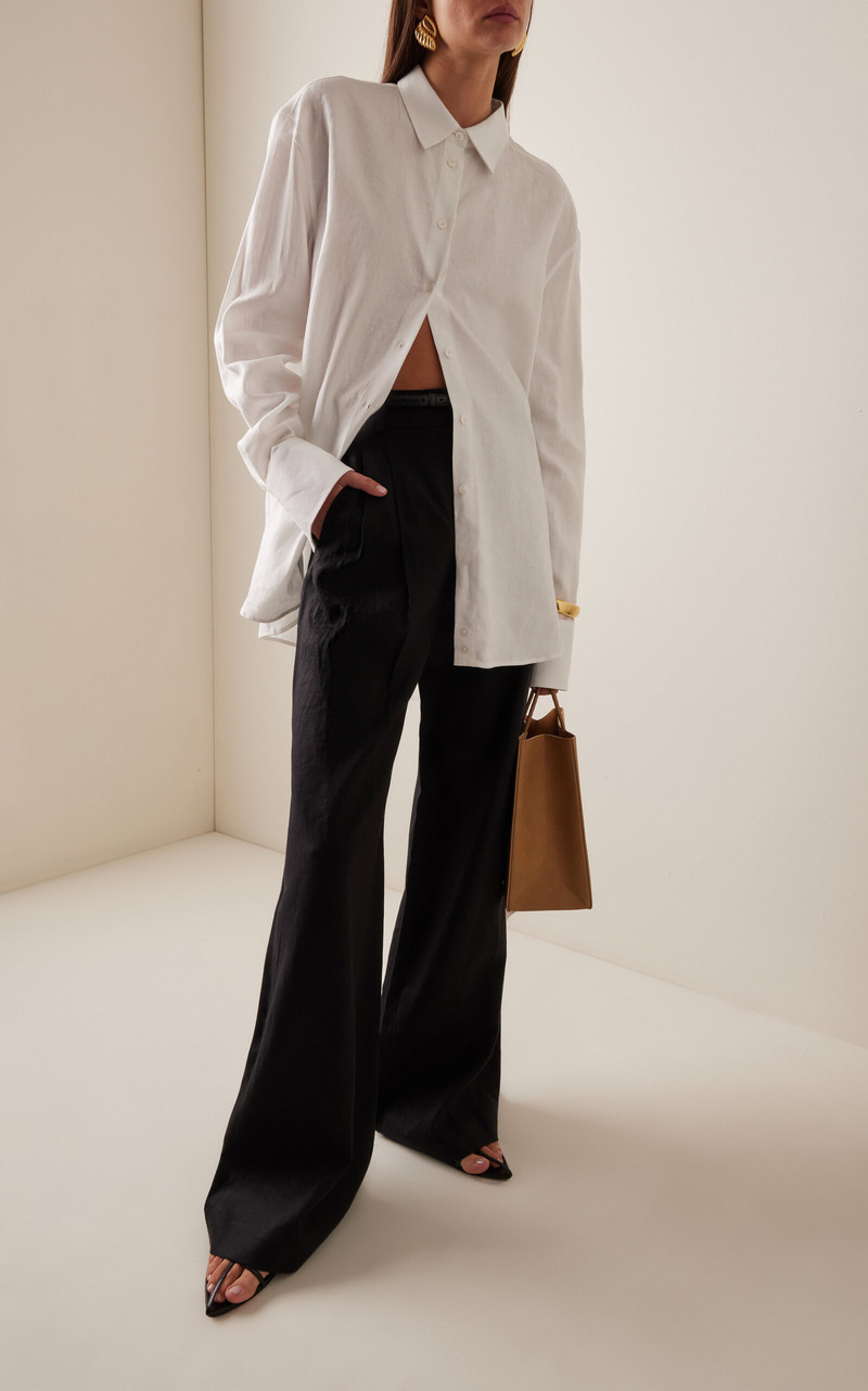 Another Tomorrow Pleated Linen Wide-Leg Pants black outlook