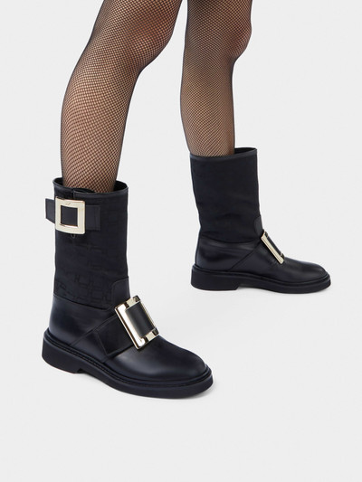 Roger Vivier Viv' Rangers Metal Buckle Biker Boots in Leather and Fabric outlook