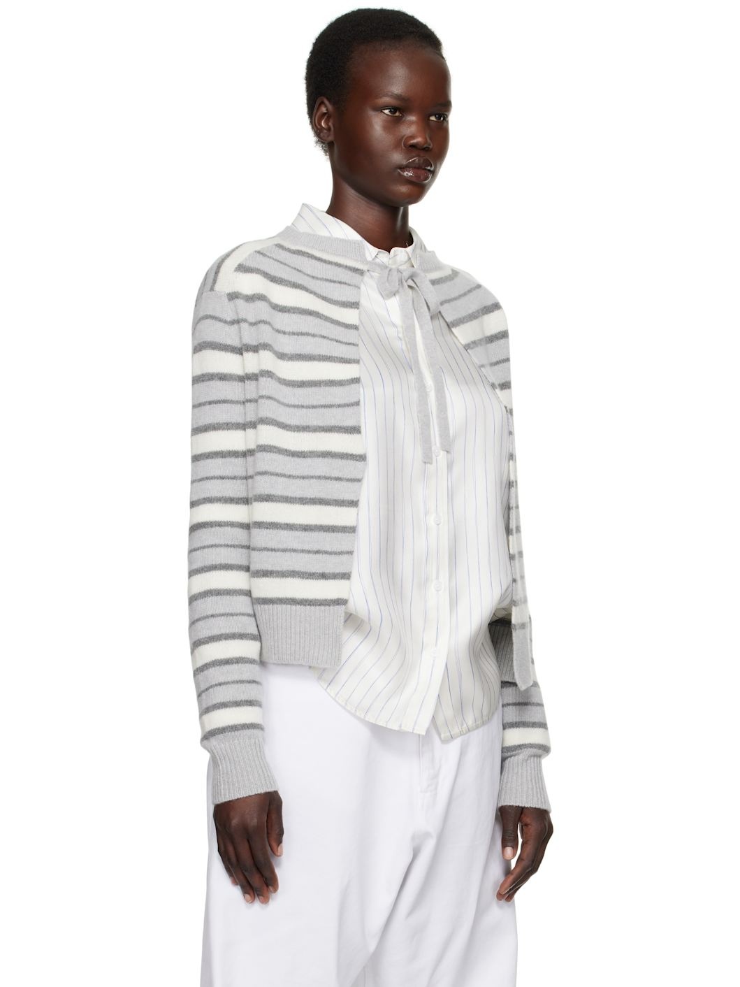 Gray & White Striped Open Back Sweater - 2