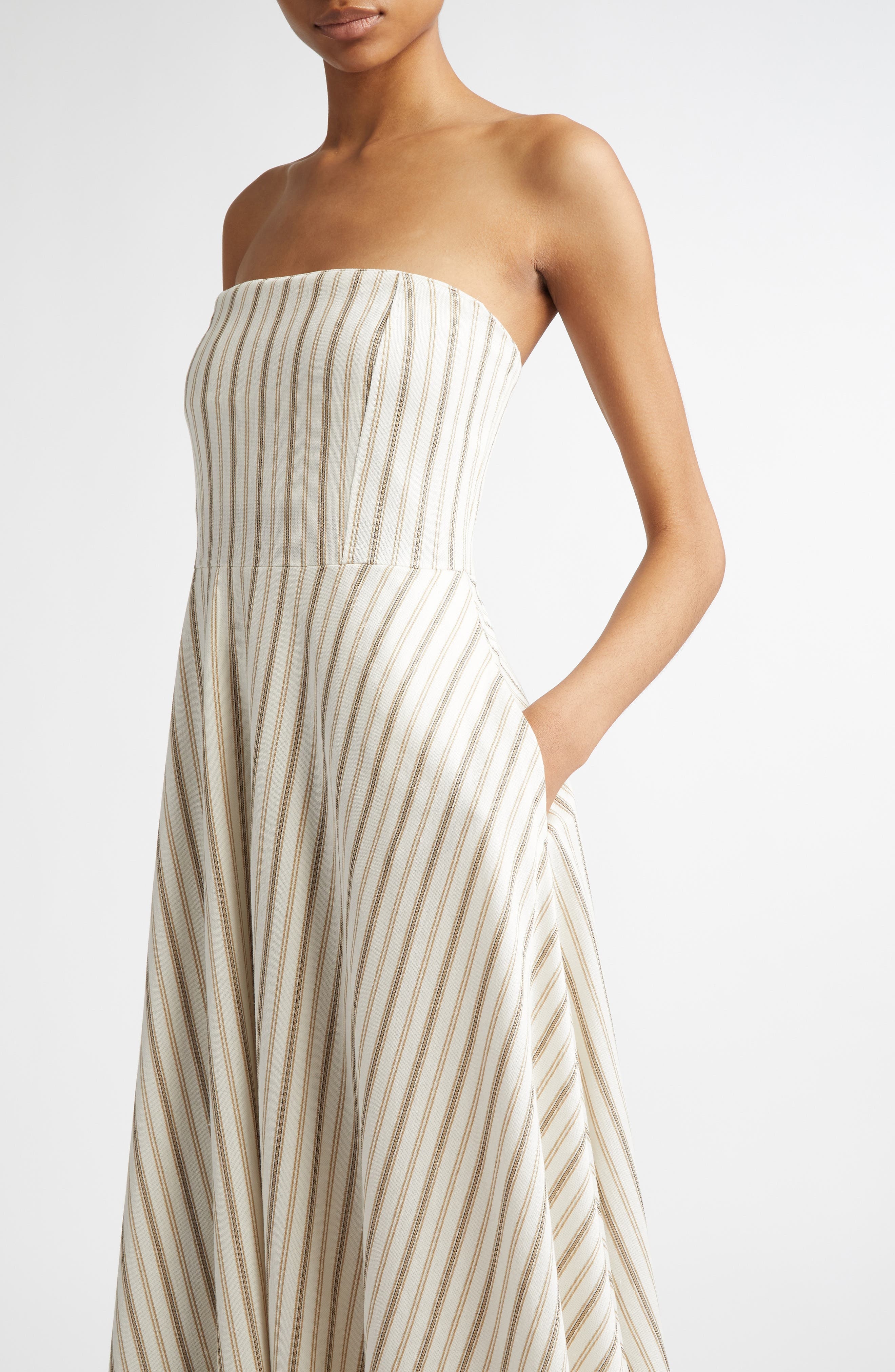 Max Mara Fervida Stripe Bustier Cotton & Linen Midi Dress in Sand at Nordstrom - 5