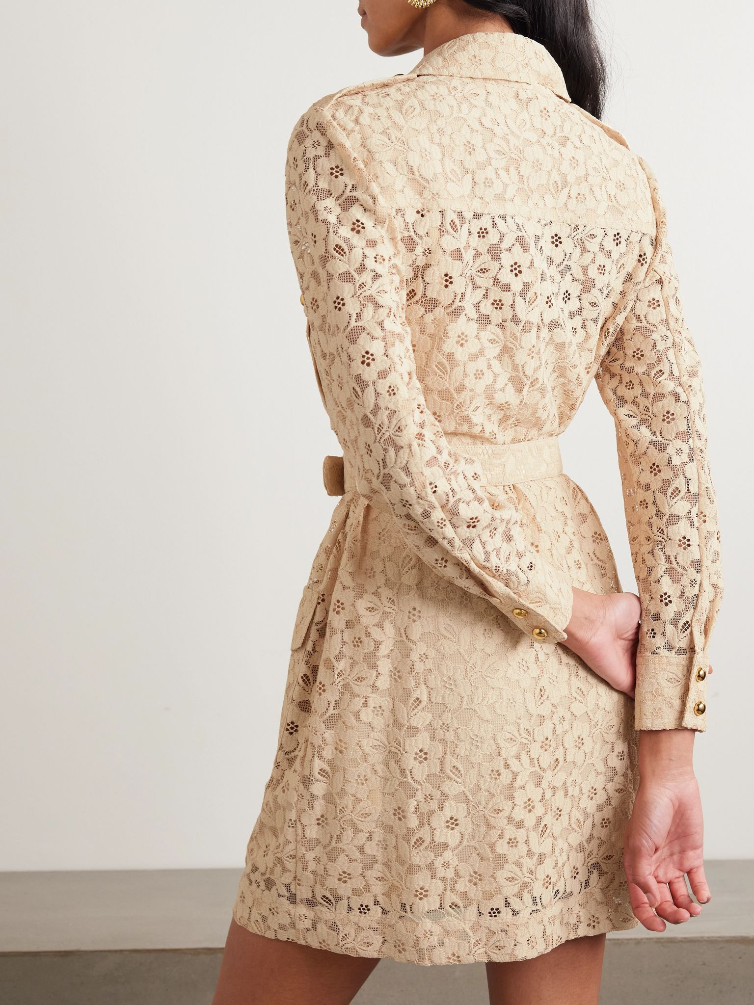 Belted lace mini shirt dress Cream - 3
