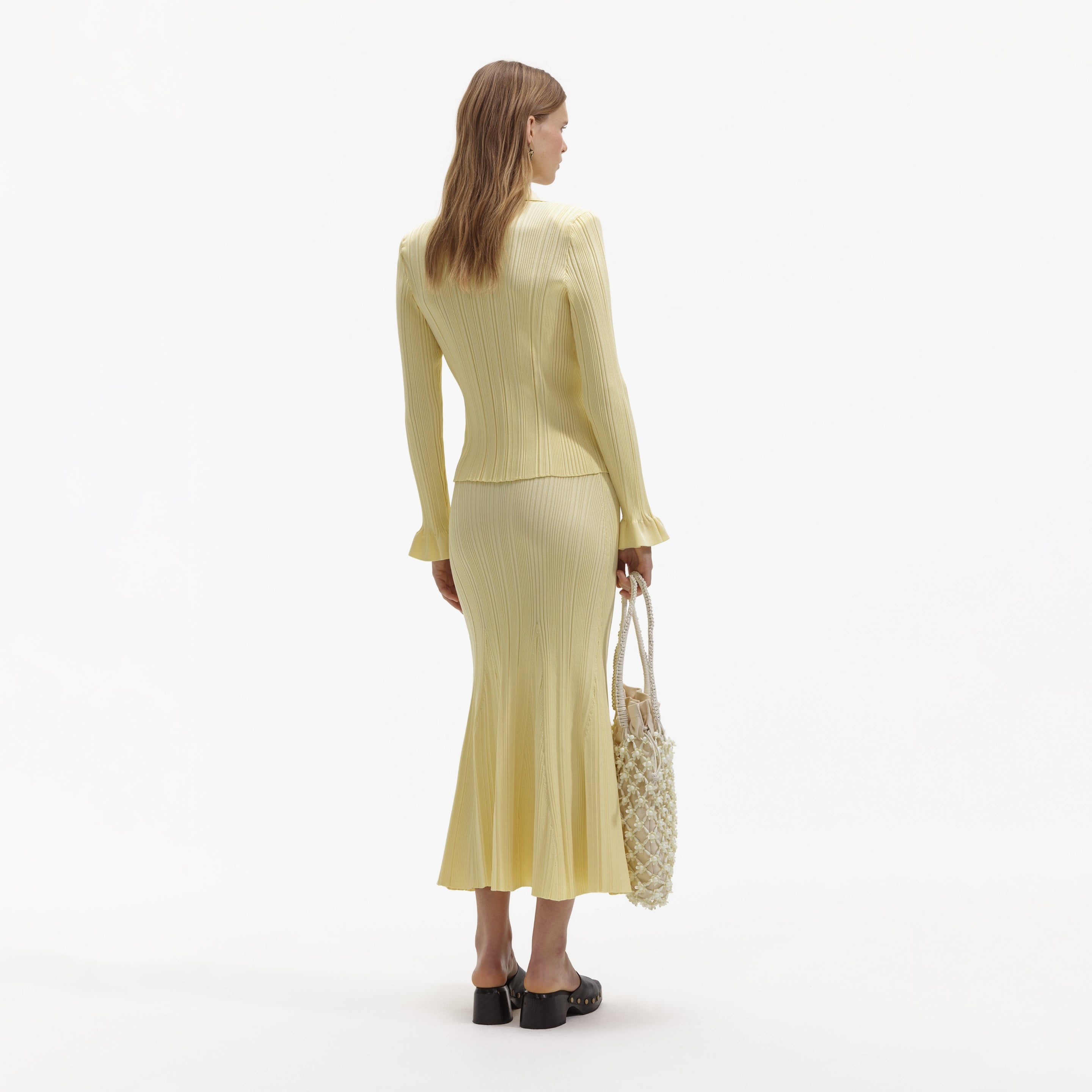 Yellow Ribbed Viscose Knit Skirt - 3