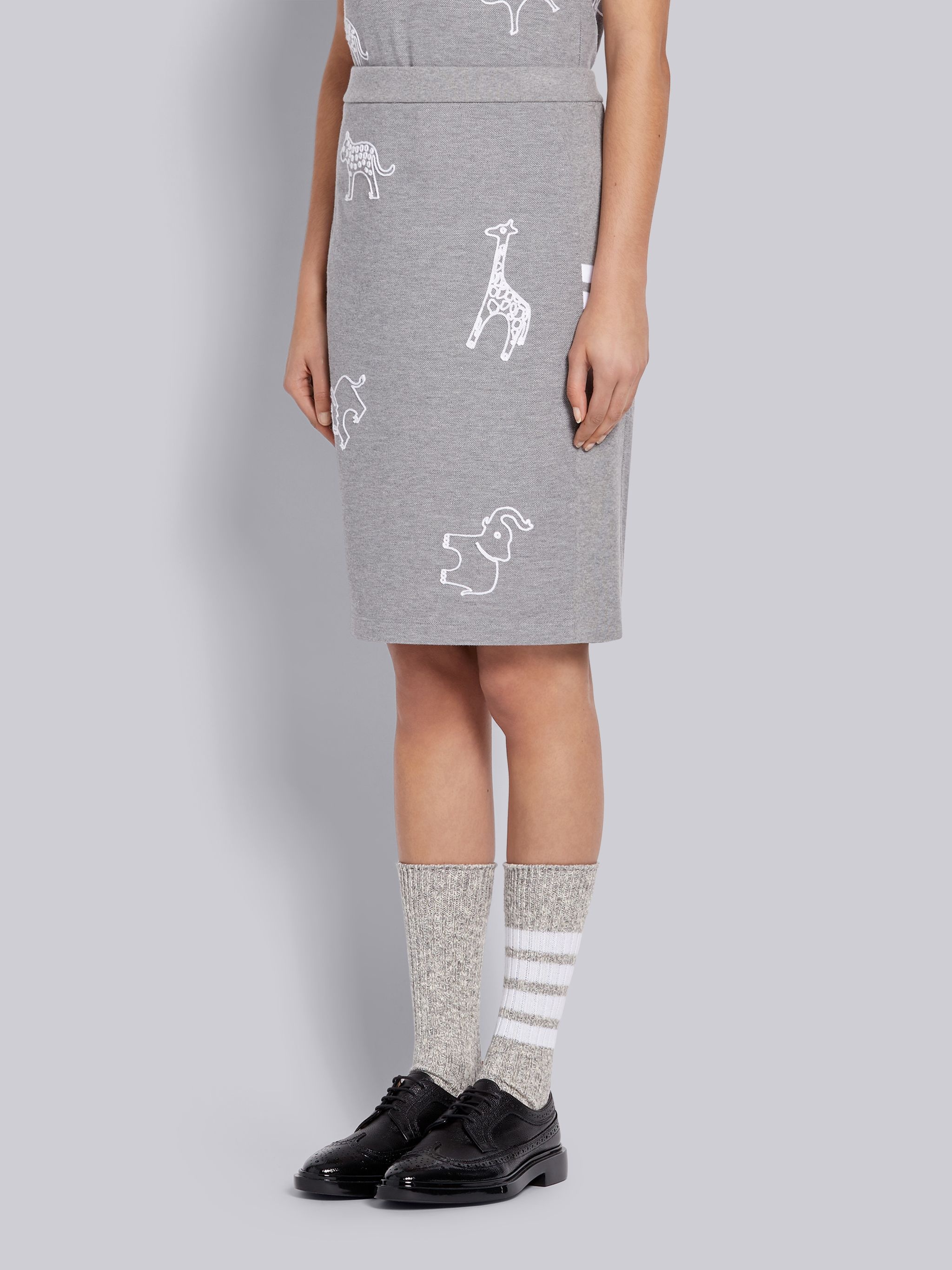 Light Grey Classic Cotton Pique Animal Icon Embroidery 4-Bar Skirt - 2