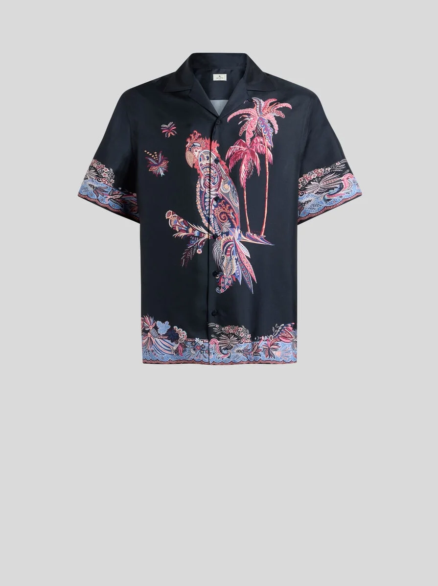 COTTON BOWLING SHIRT WITH PLACED PARROT PRINT - 1