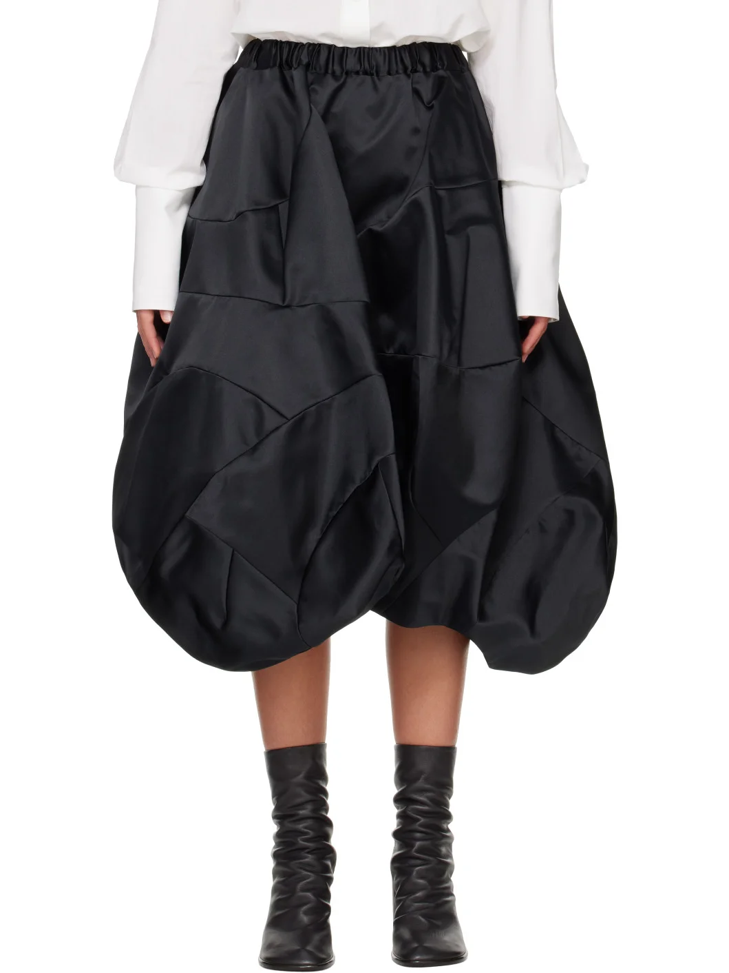 Black Bubble Satin Midi Skirt - 1