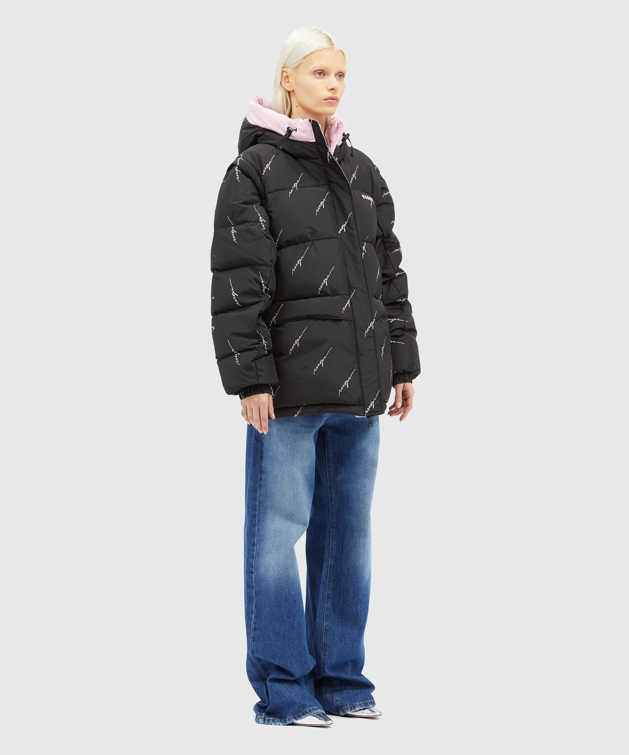 MSGM｜JACKETS (3741MDH12 237705 04) MSGM Black nylon down jacket with cursive logo | REVERSIBLE