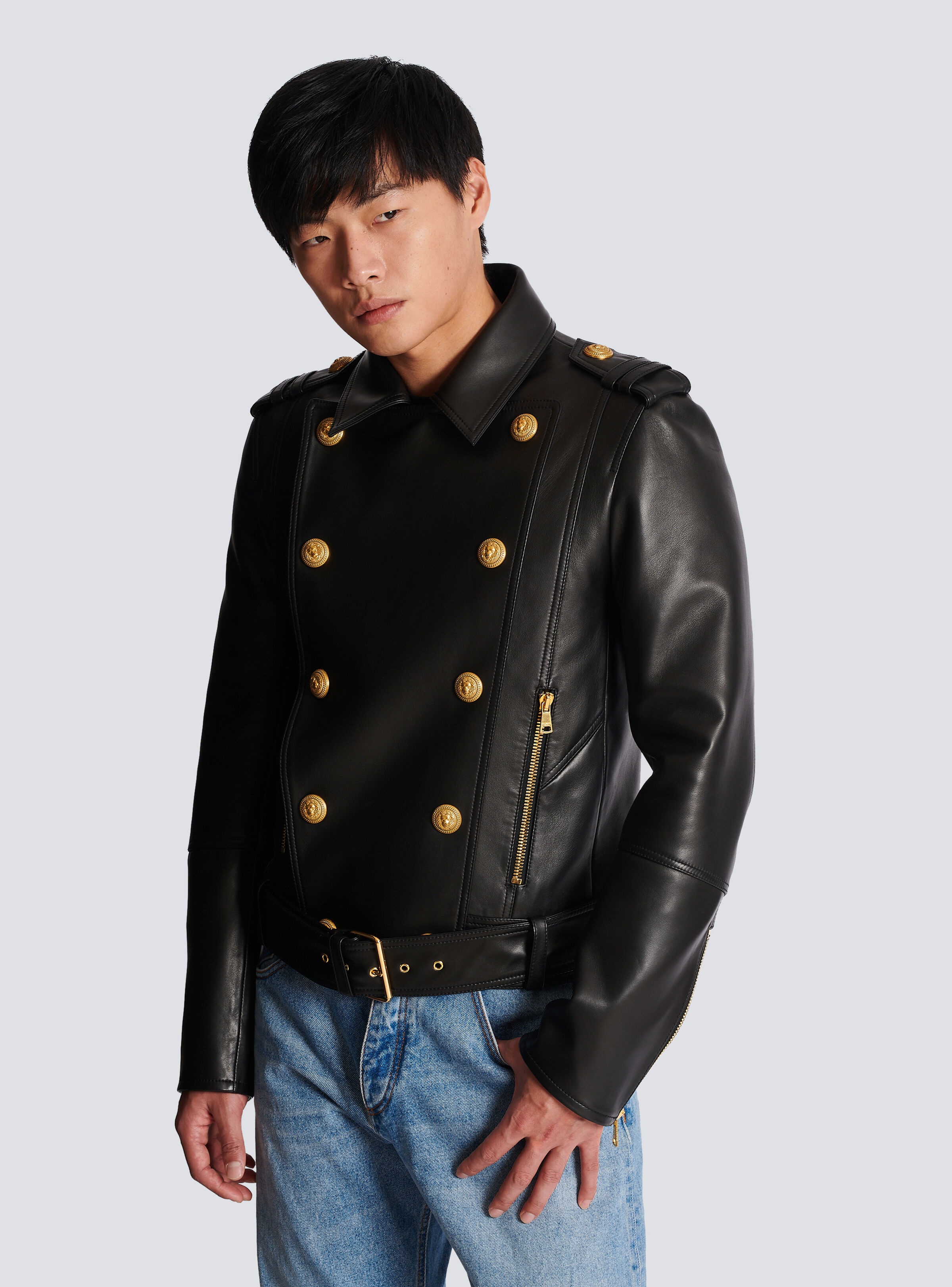 Double-breasted buttoned leather biker jacket - 7