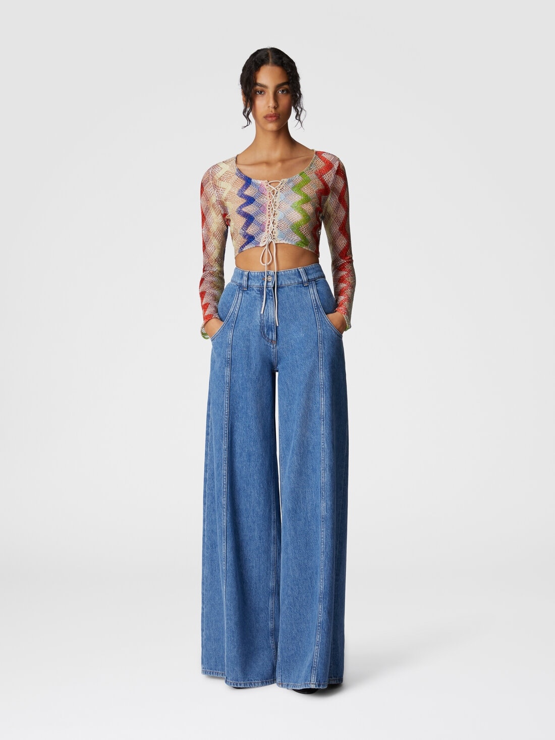 Long sleeve crop top with front tie - 2