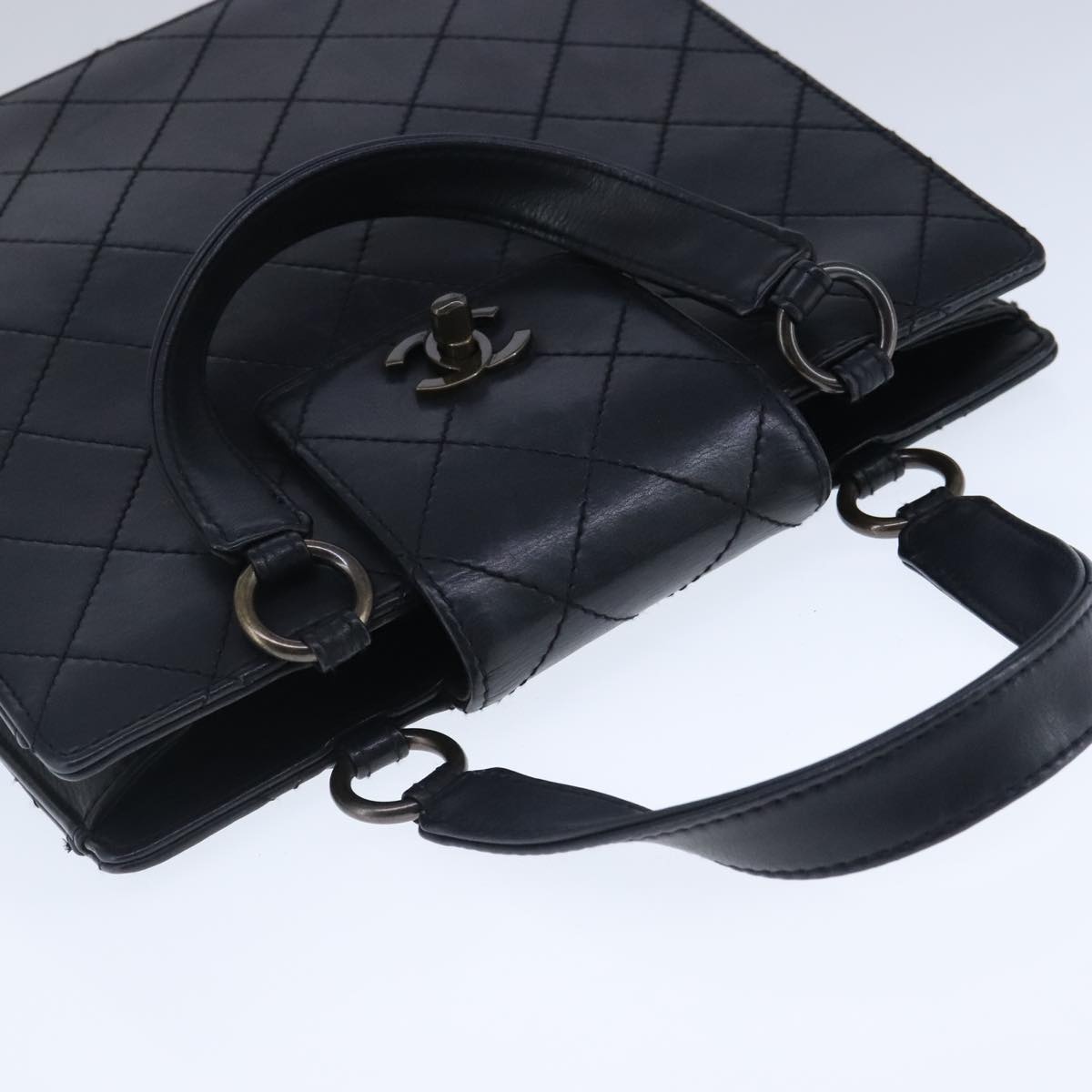 CHANEL Hand Bag Lamb Skin Black CC - 6