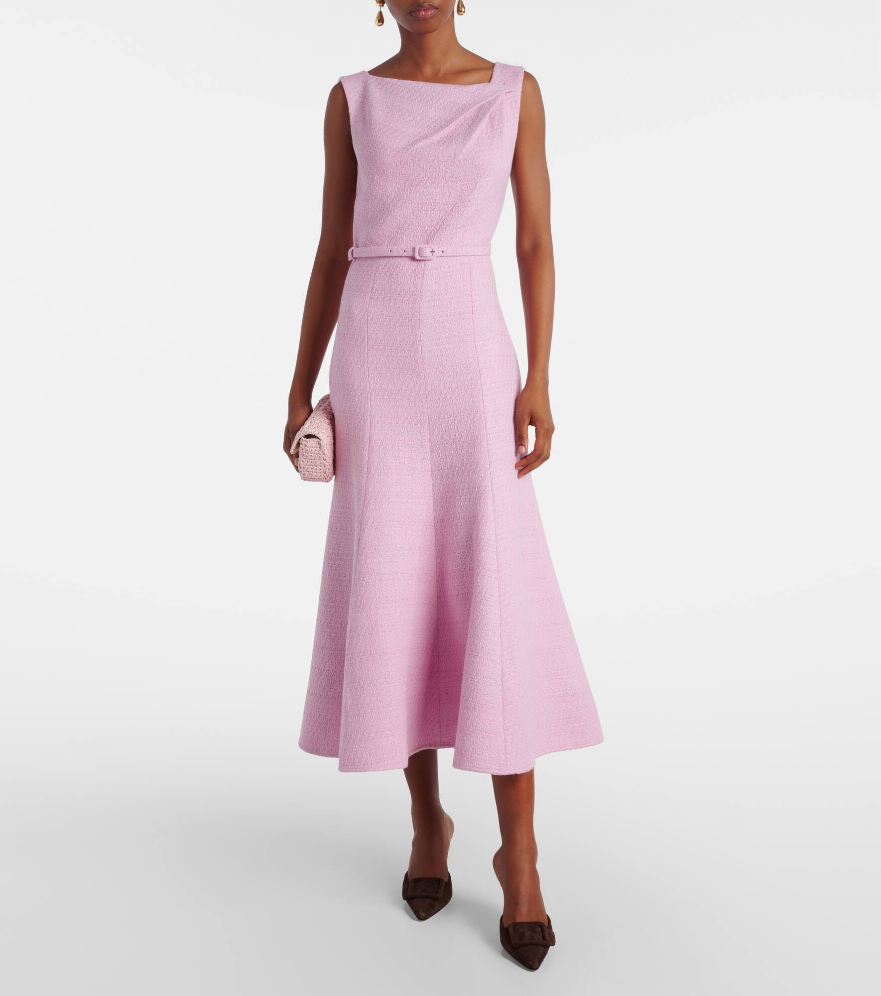 Asymmetric belted bouclé midi dress - 2