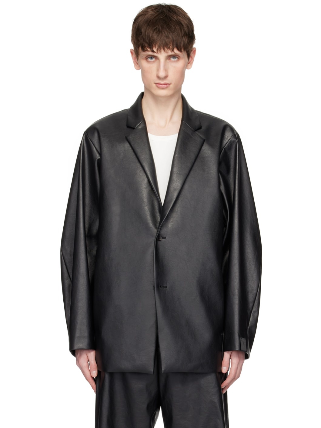 Black Padded Shoulder Faux-Leather Blazer - 1