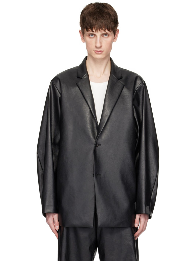 Black Padded Shoulder Faux-Leather Blazer 1