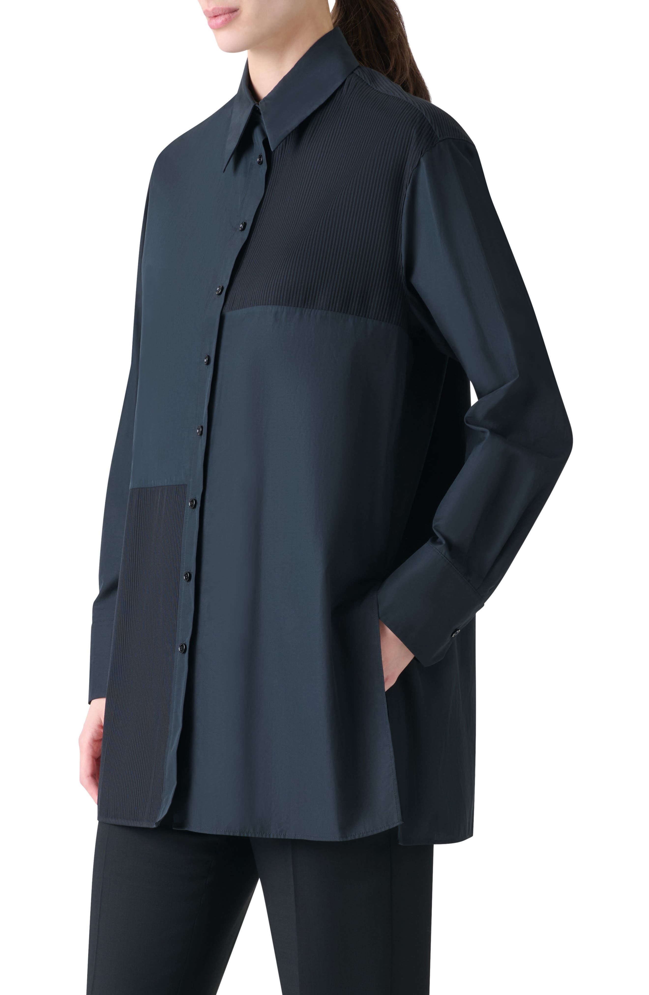 Akris Pleat Detail Button-Up Shirt in Black at Nordstrom - 3