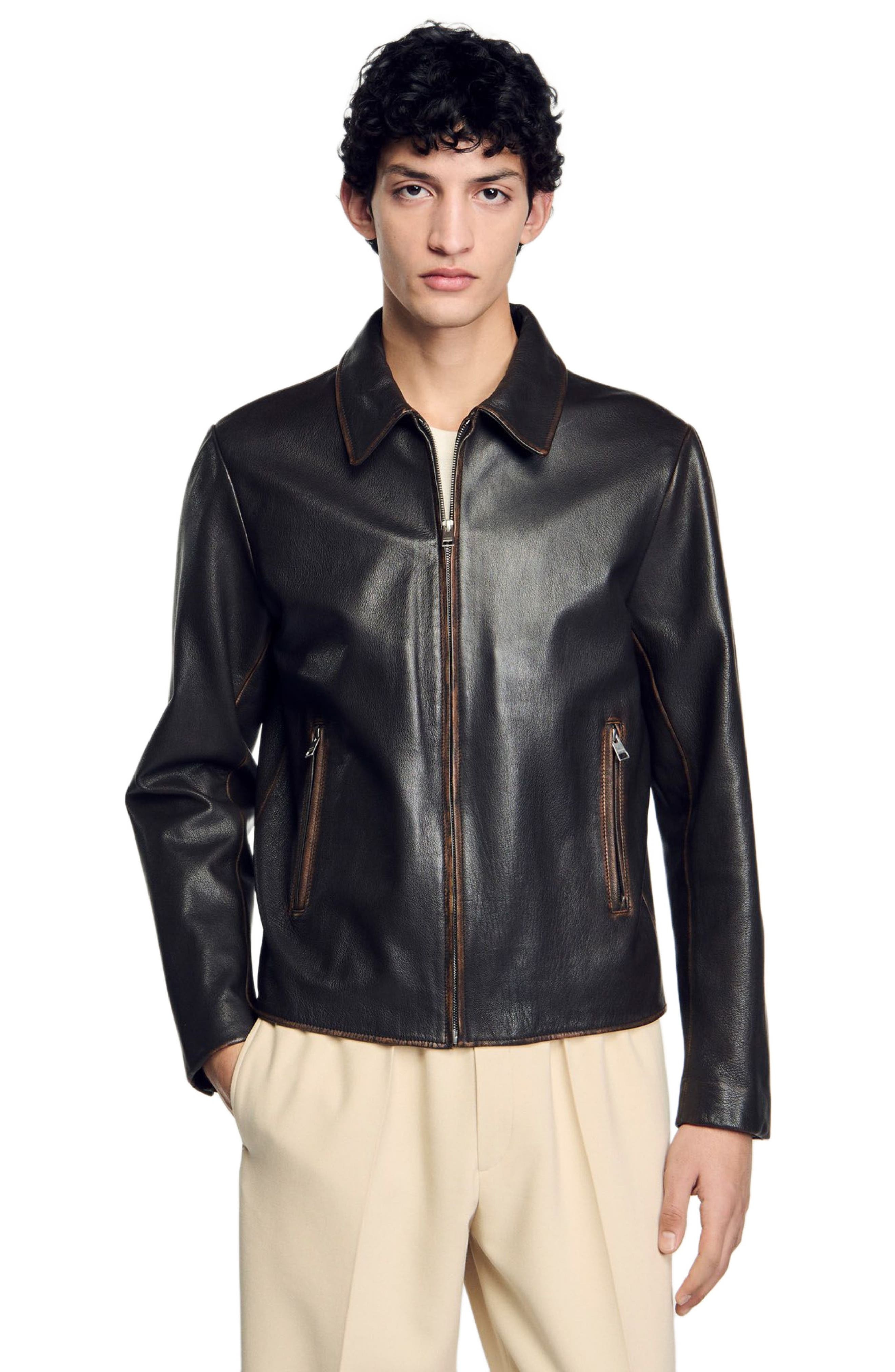 SANDRO Distressed-look leather jacket in Moka. at Nordstrom - 4