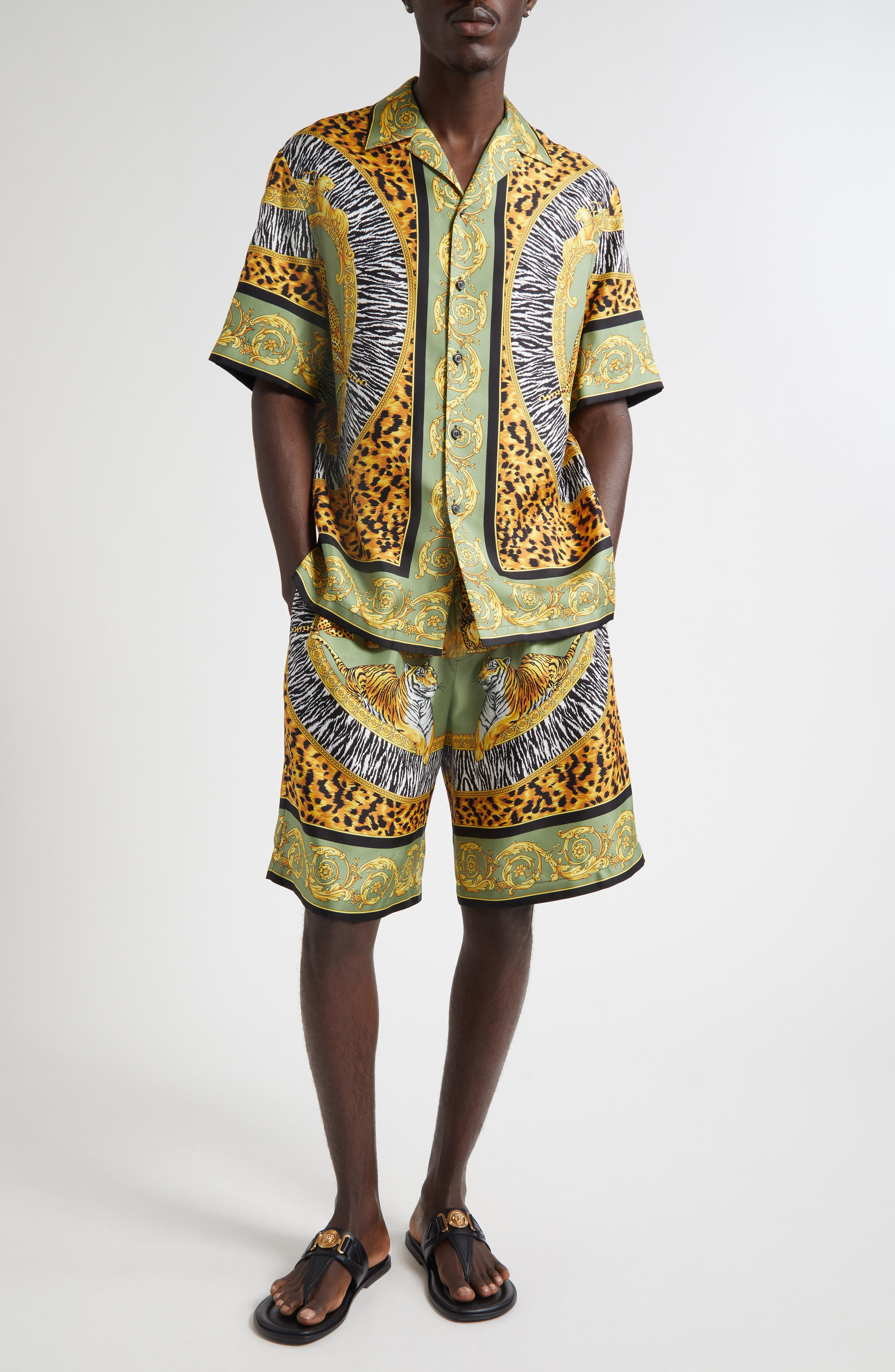 Versace Wild Cats Silk Camp Shirt in Green Black at Nordstrom - 7