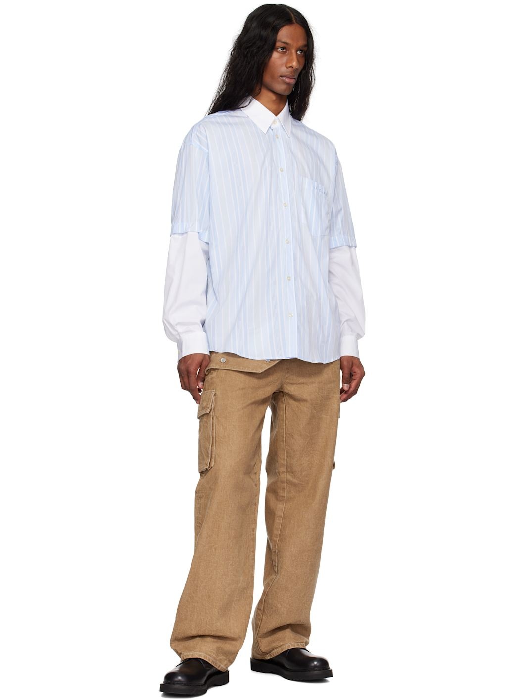 Blue & White Detached Sleeve Button Down Shirt - 5